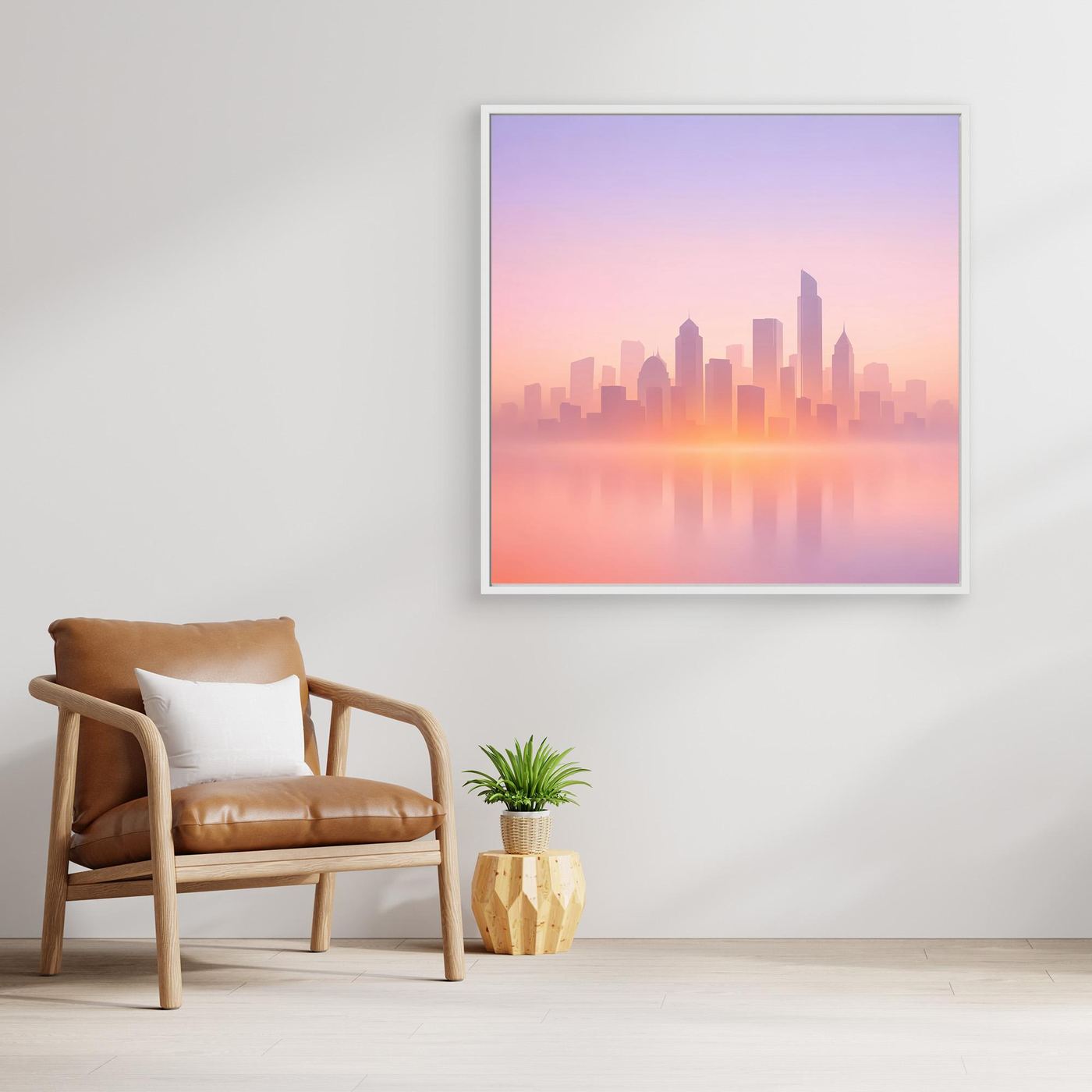 Quadratisches Leinwand-Wandbild mit Skyline im Dunst in Pastell, weißer Rahmen