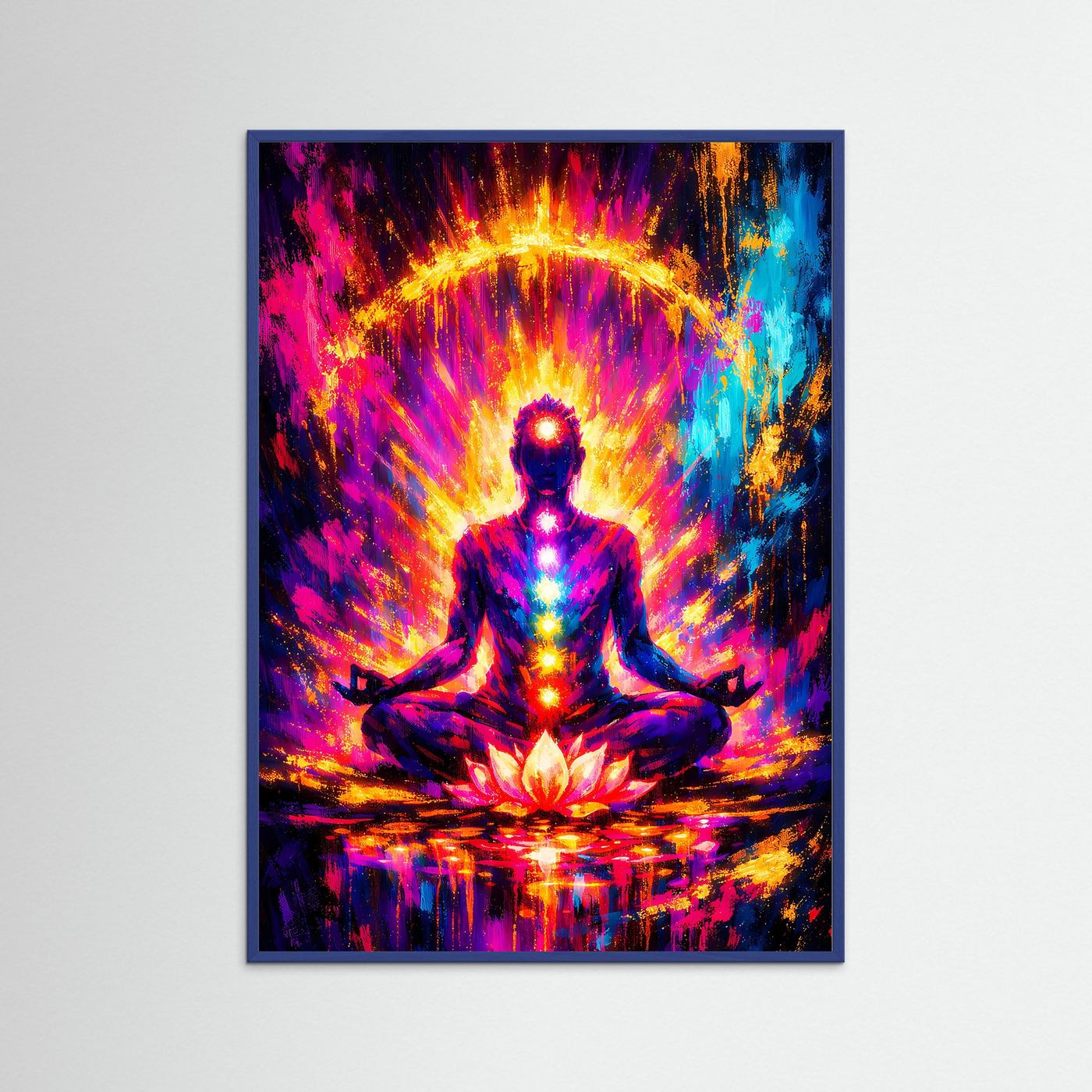 Meditationsposter mit Lotussitz-Figur, leuchtender Aura und Lotusblüte, blauer Holzrahmen