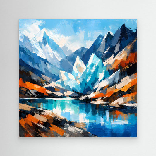 Abstraktes Leinwand-Wandbild mit Gletschersee, blau-weißem Bergmotiv und orangefarbenen Akzenten
