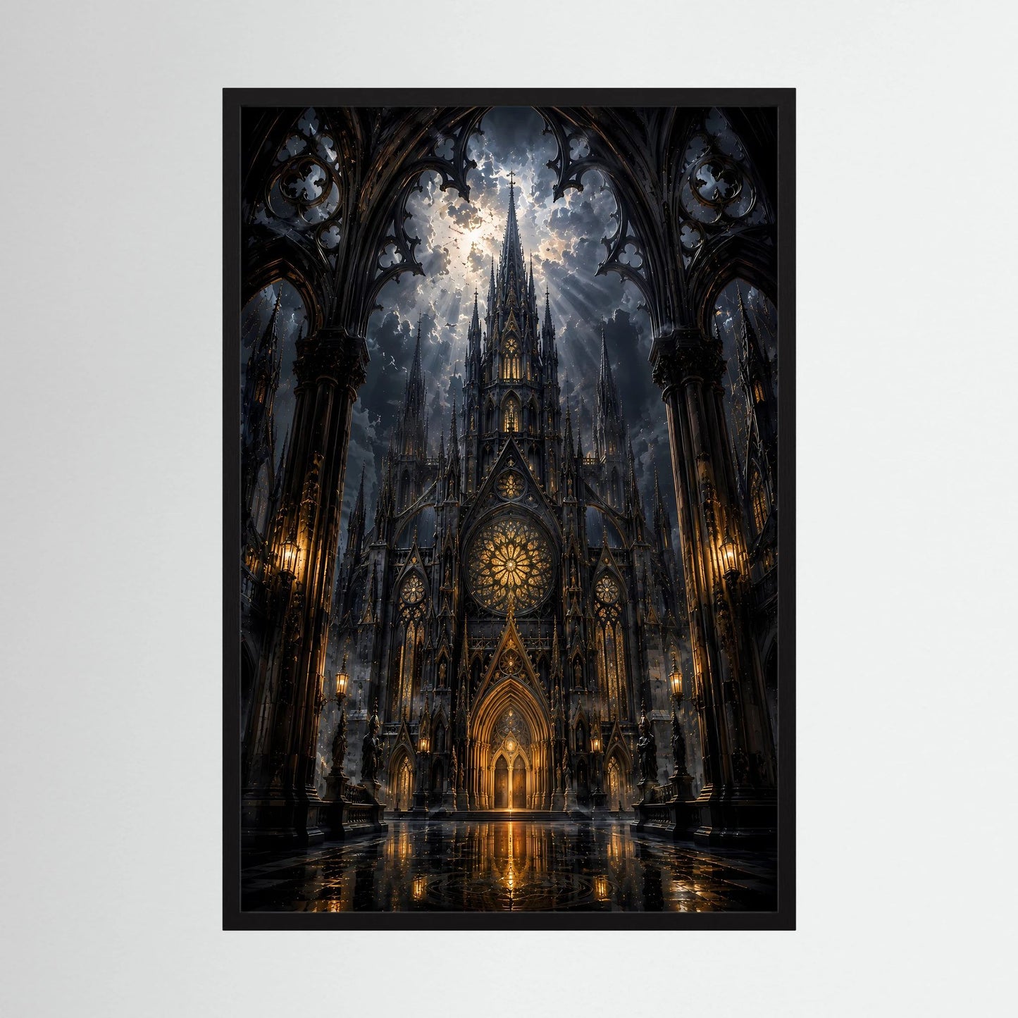 Hochformat-Poster mit gotischer Kathedrale in Schwarz und Gold, im schwarzen Rahmen