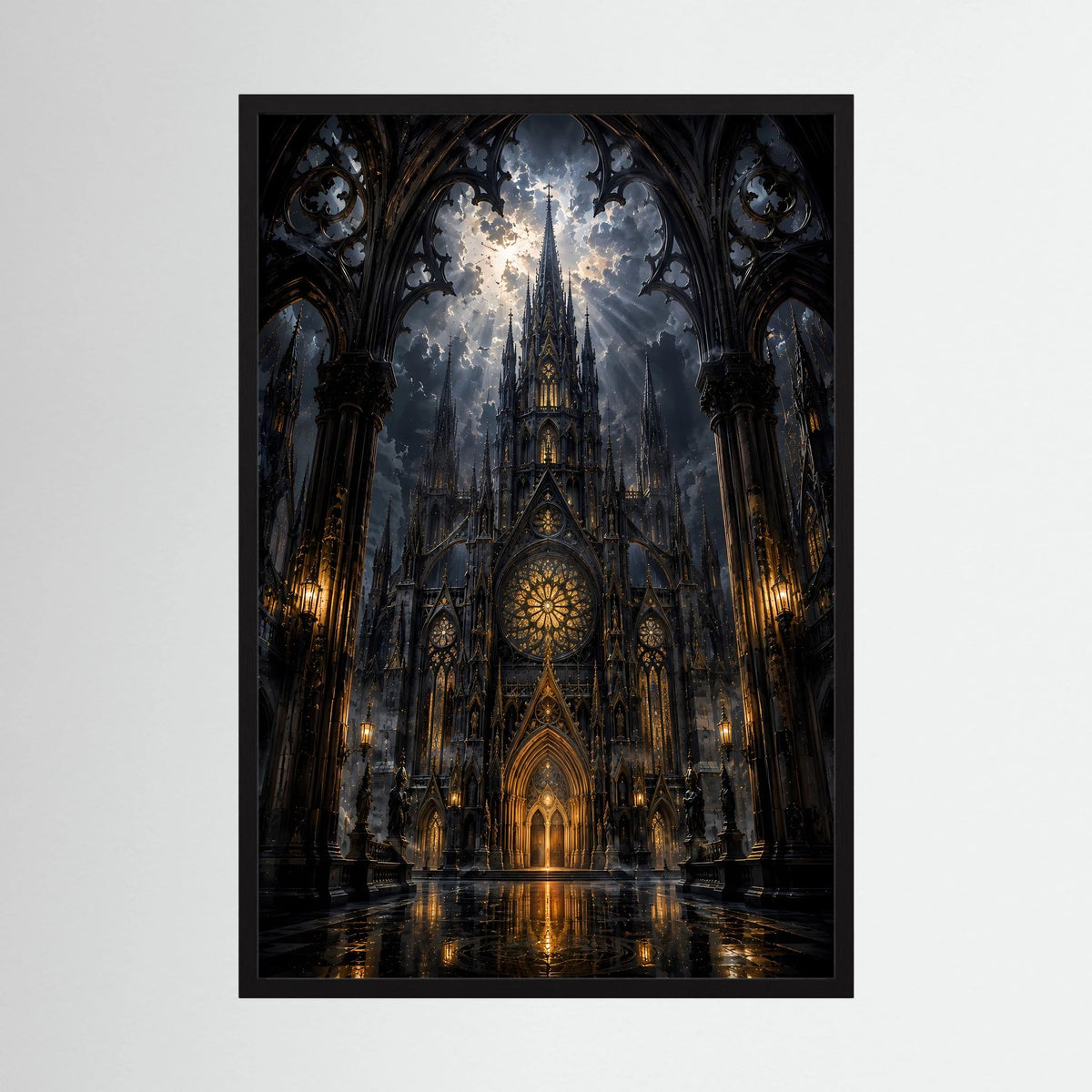 Hochformat-Poster mit gotischer Kathedrale in Schwarz und Gold, im schwarzen Rahmen