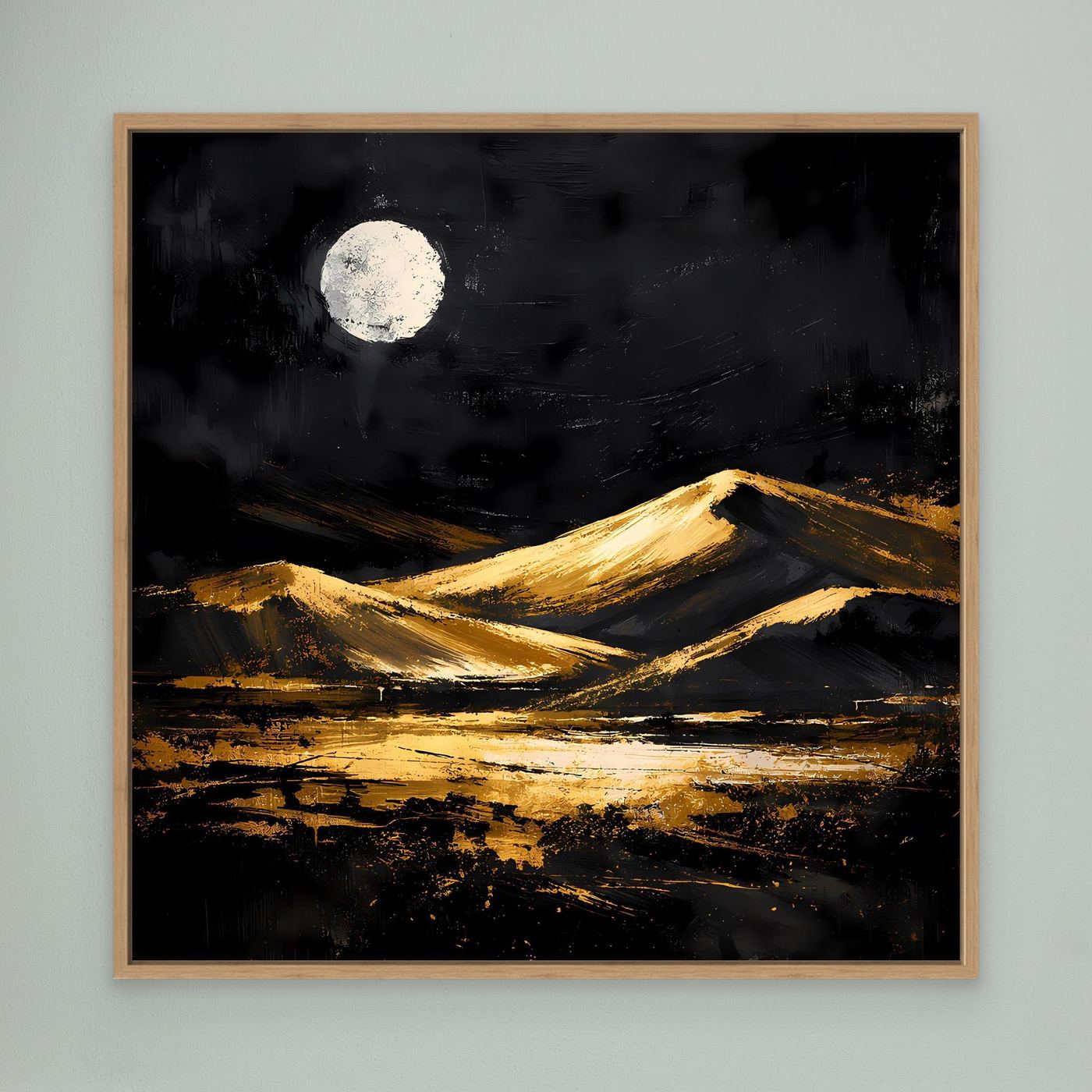 Leinwand Goldene Wüstendünen bei Vollmond | Modernes Abstraktes Landschafts Wandbild