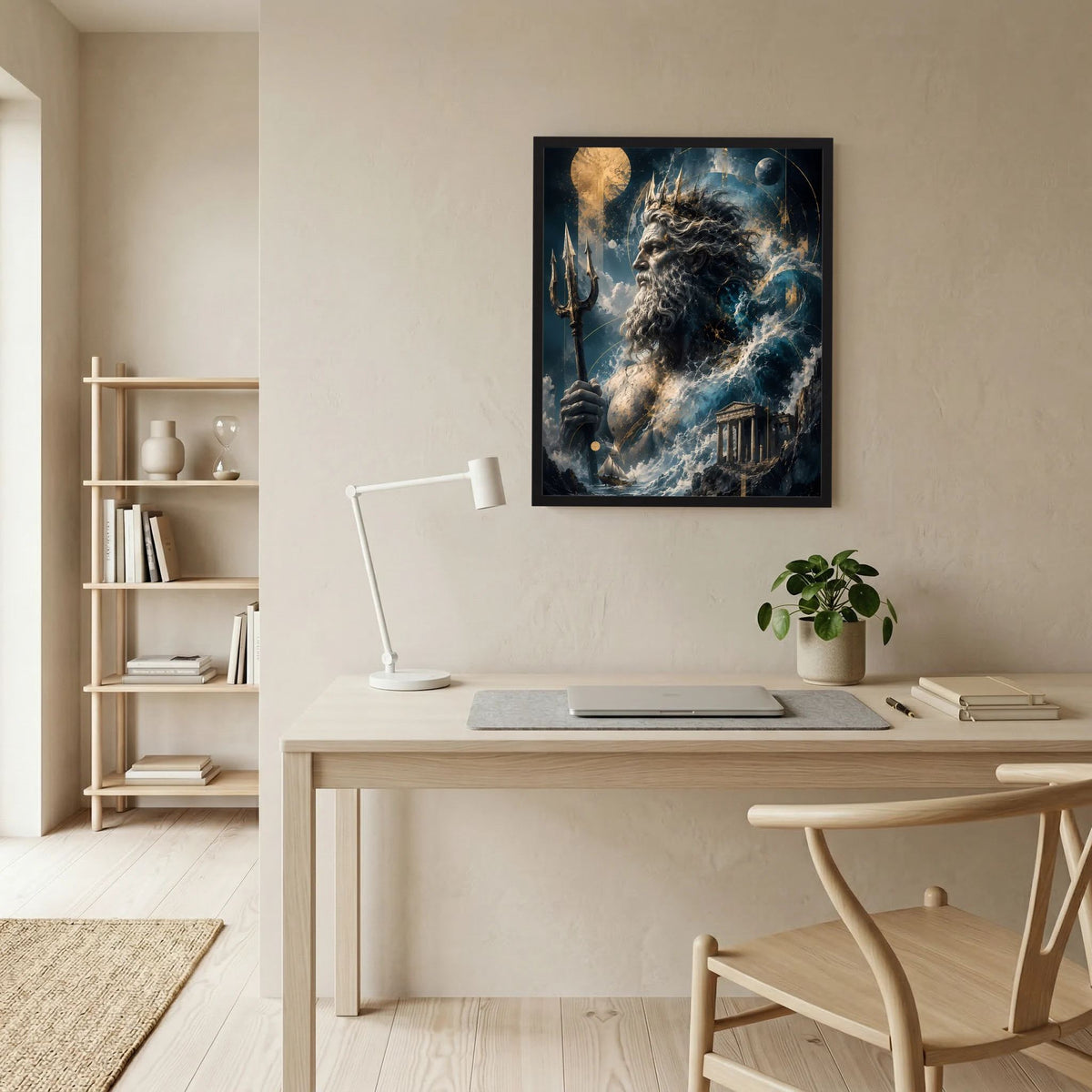 Hochformat-Poster mit Poseidon, Dreizack und Wasserwirbeln, schwarz gerahmt