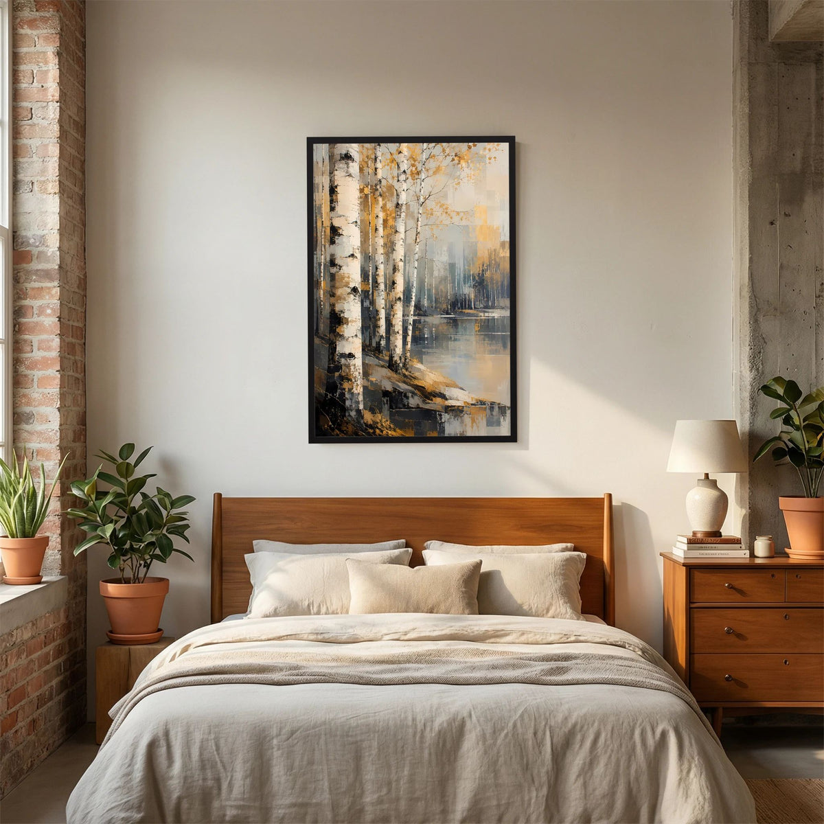 Gerahmtes Hochformat-Poster in Gold-Beige mit Birkenwald-Motiv und ruhiger Wasseroptik
