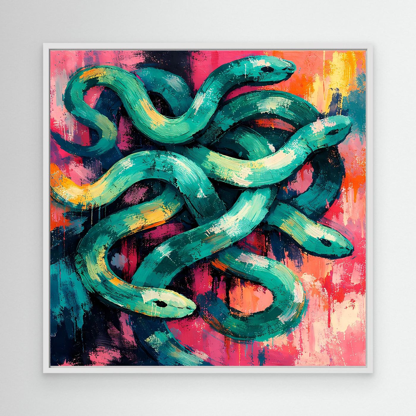 Abstract snake canvas wall art with white frame; teal coiled forms on pink and orange