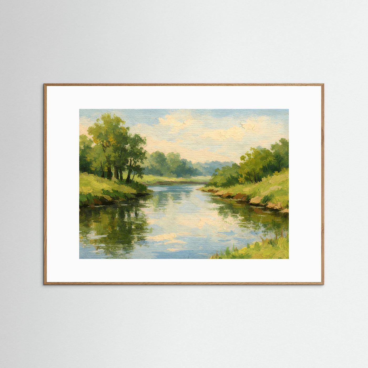 Landschafts-Wandbild mit Fluss, Bäumen und Himmel; brauner Holzrahmen mit weißem Rand