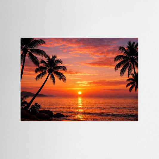 Poster Tropischer Sonnenuntergang mit Palmen Silhouetten | Majestätisches Strand Wandbild