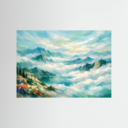Poster Traumhafte Berglandschaft im Nebel | Impressionistische Naturmalerei | Harmonische Farbkomposition Wandbild