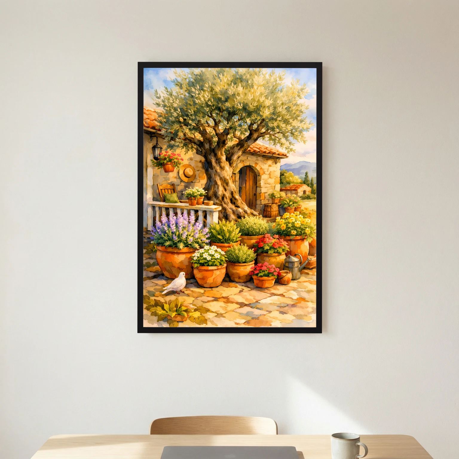 Wandbild mit Olivenbaum, Steinhäuschen und Blumentöpfen, schwarzer Rahmen