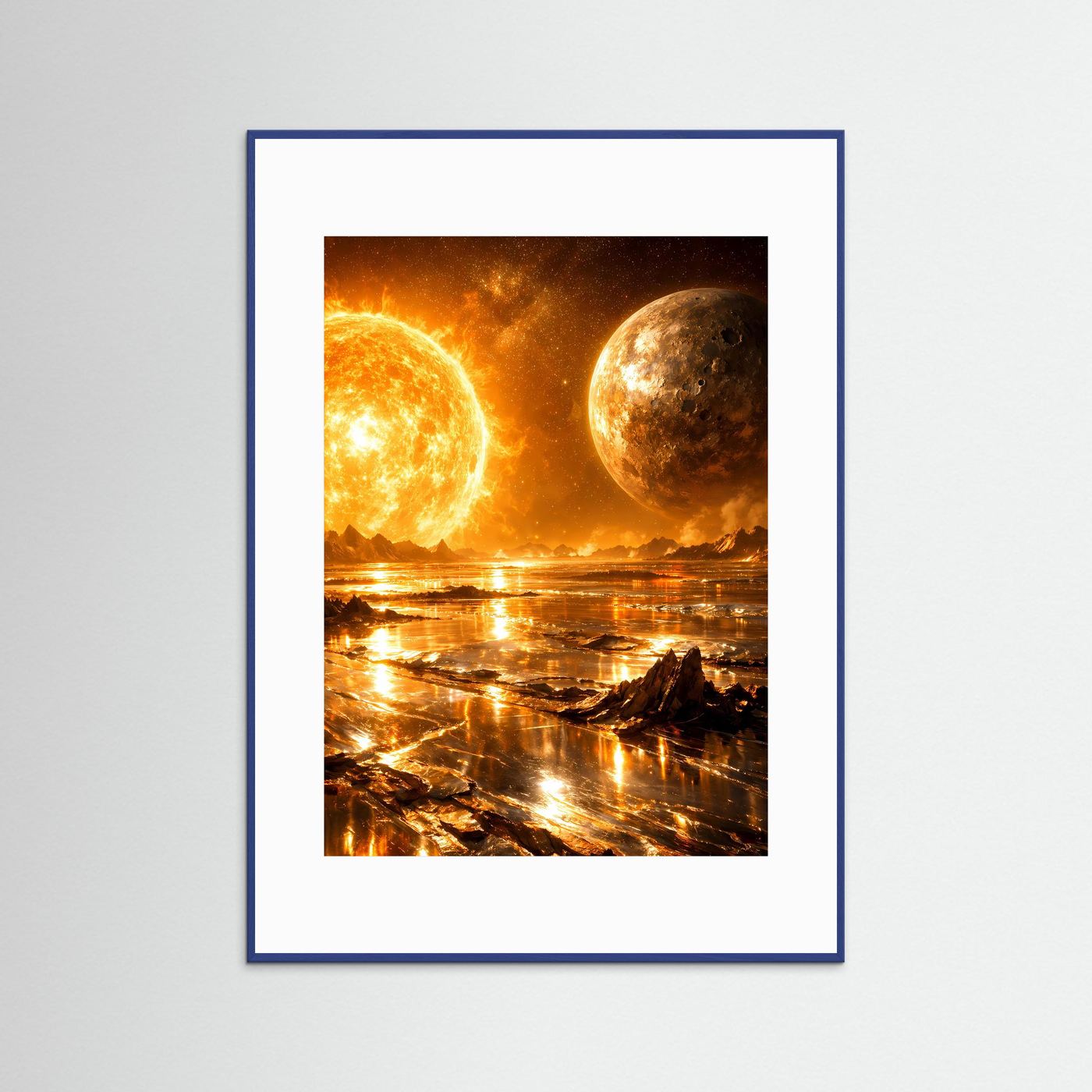 Weltraumposter im Hochformat, blauer Rahmen, zwei leuchtende Planeten in Gold/Orange