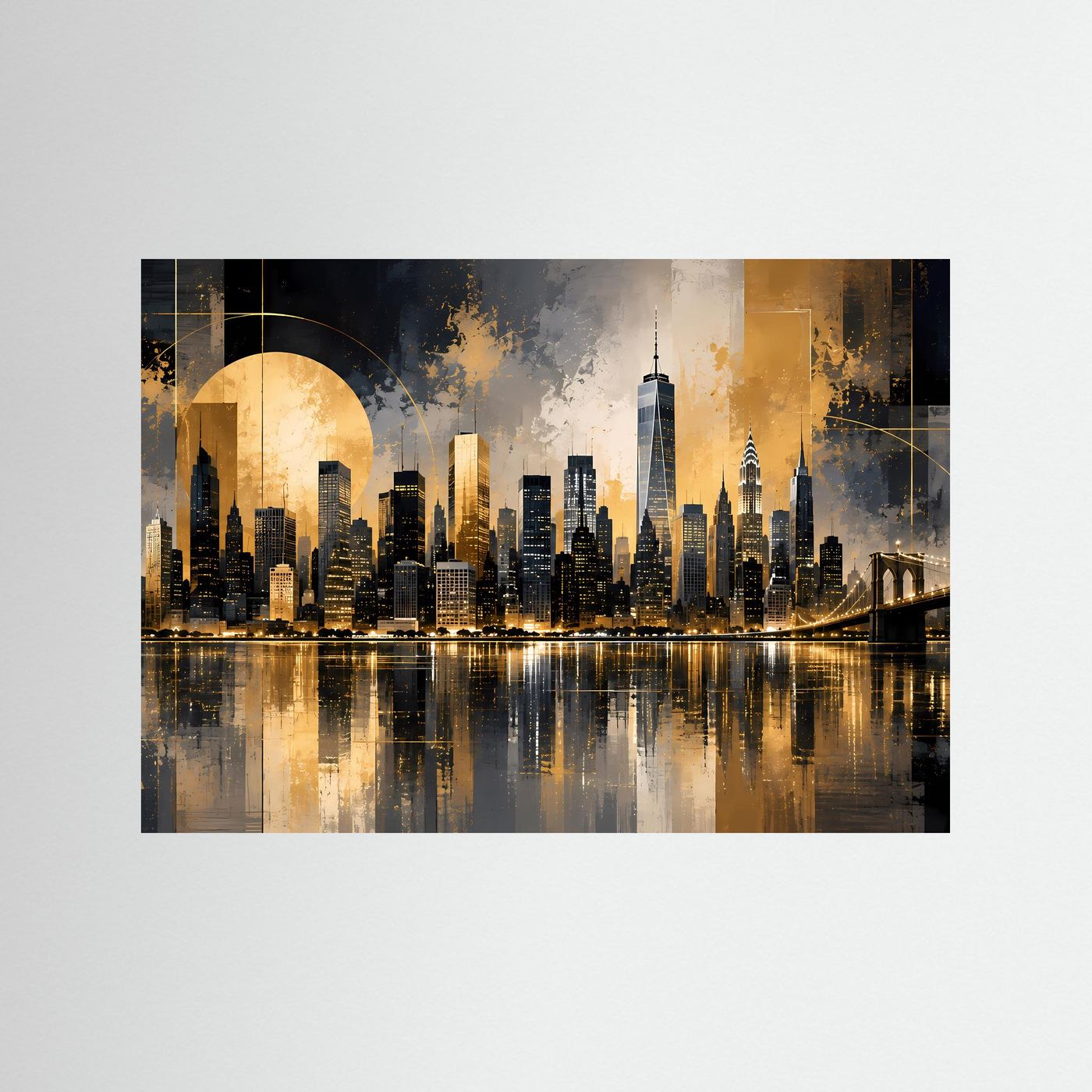 Poster im Querformat mit New-York-Skyline, schwarz-goldener Gestaltung und Stadtspiegelung