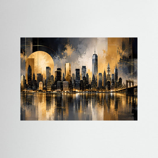 Poster im Querformat mit New-York-Skyline, schwarz-goldener Gestaltung und Stadtspiegelung