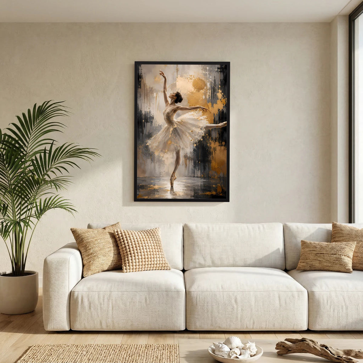 Wandbild-Poster mit abstrakter Ballerina in Creme und Gold, im schwarzen Rahmen