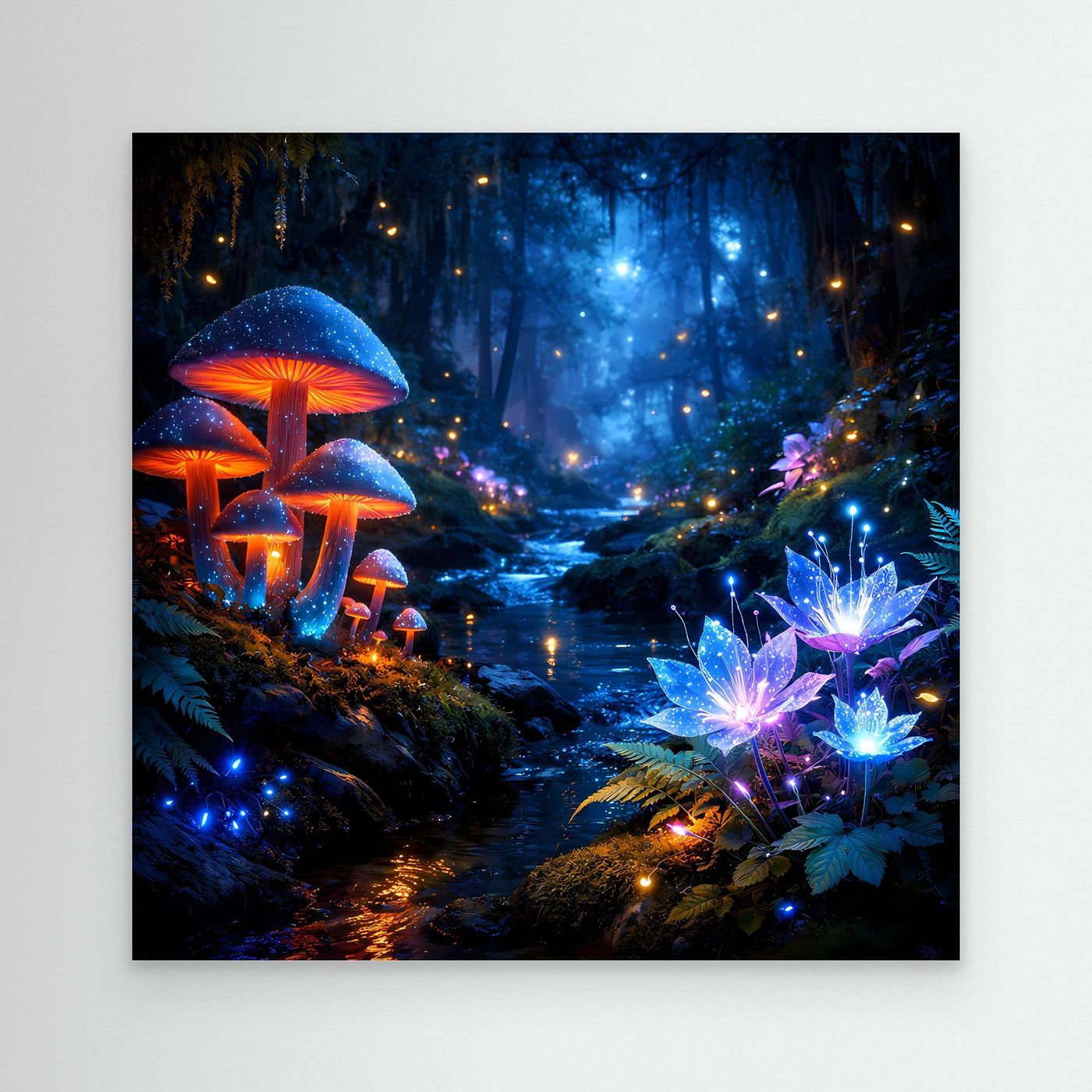 Leinwandbild mit leuchtenden Pilzen und blauem Zauberwald, Lichter im Wasserlauf