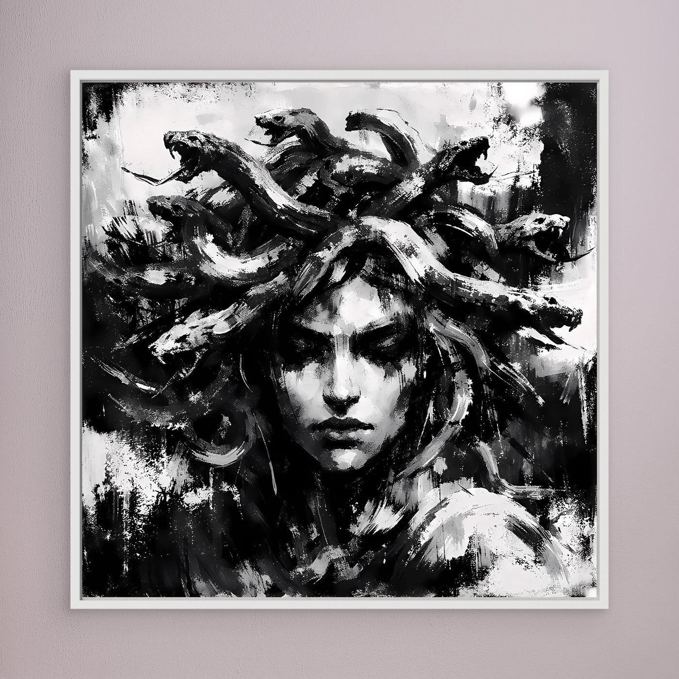 Light-framed black-and-white abstract Medusa wall art with brush-stroke face