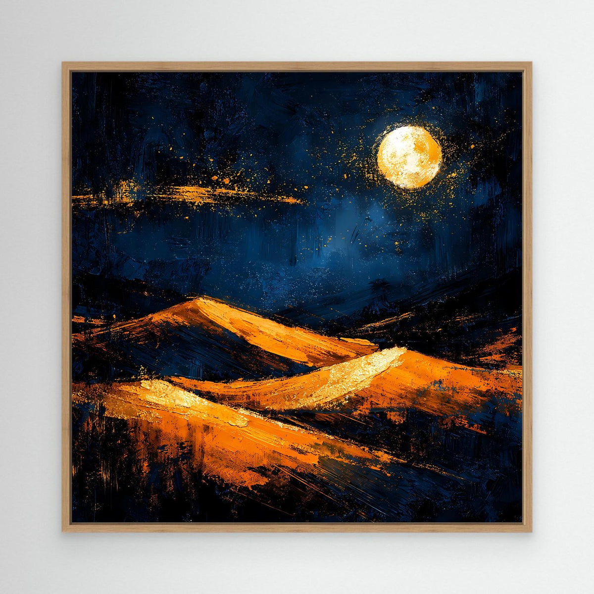 Abstraktes Leinwandbild mit goldener Sonne, orange Dünen und dunklem Blau im Eichenrahmen