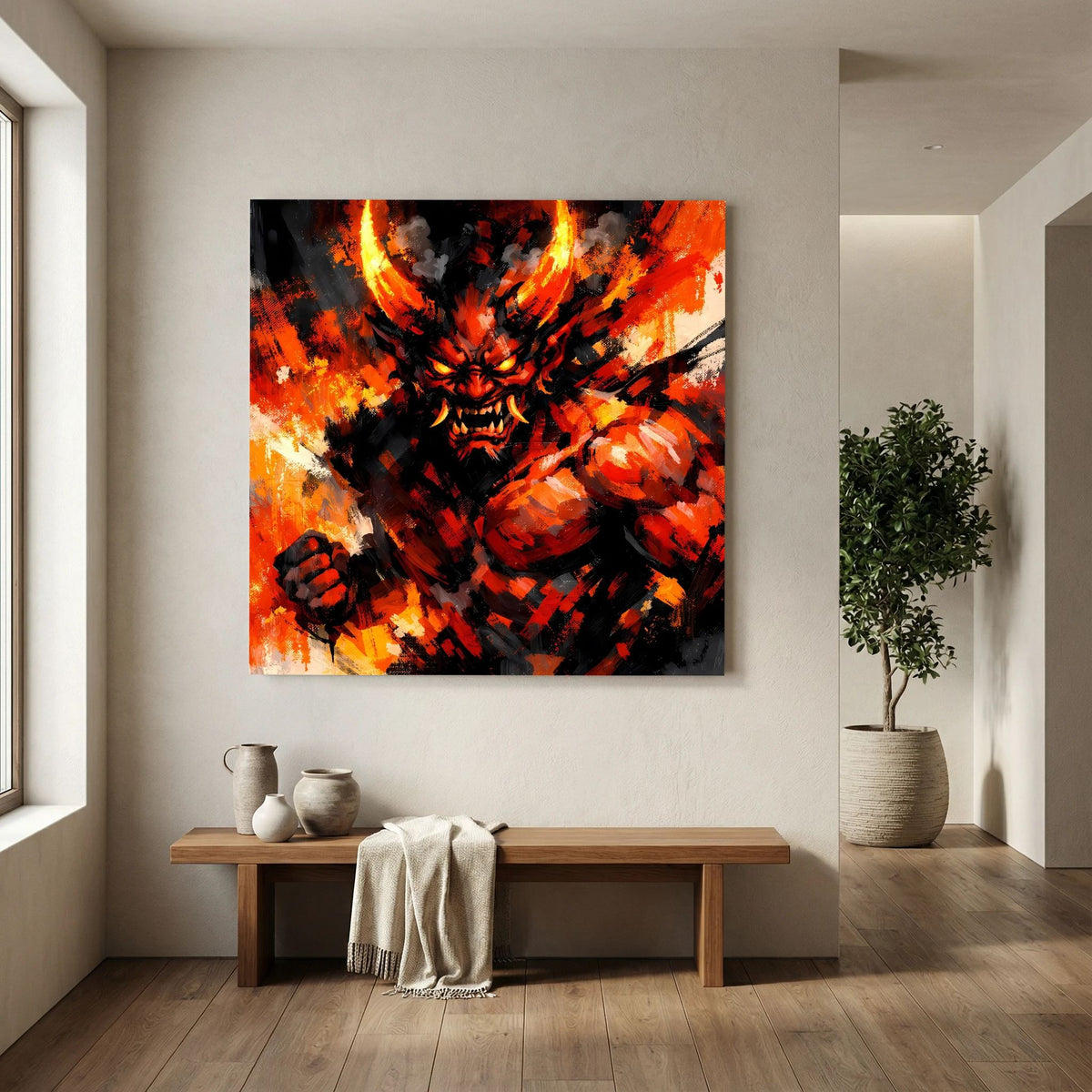 Leinwand-Wandbild mit Oni-Dämonenmotiv, flammende Augen, orange Funken um den schwarzen Körper