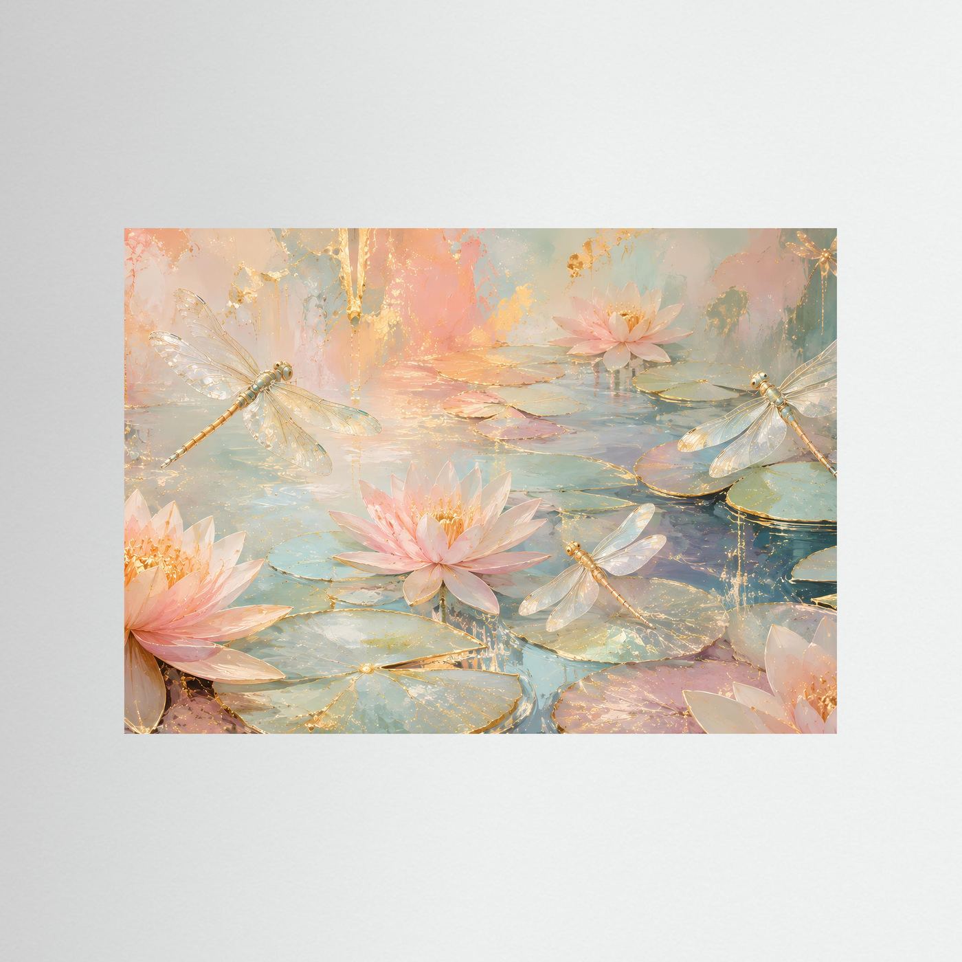 Leinwand-Wandbild mit Seerosen und Libellen im Pastell-Lotus-Teich-Motiv