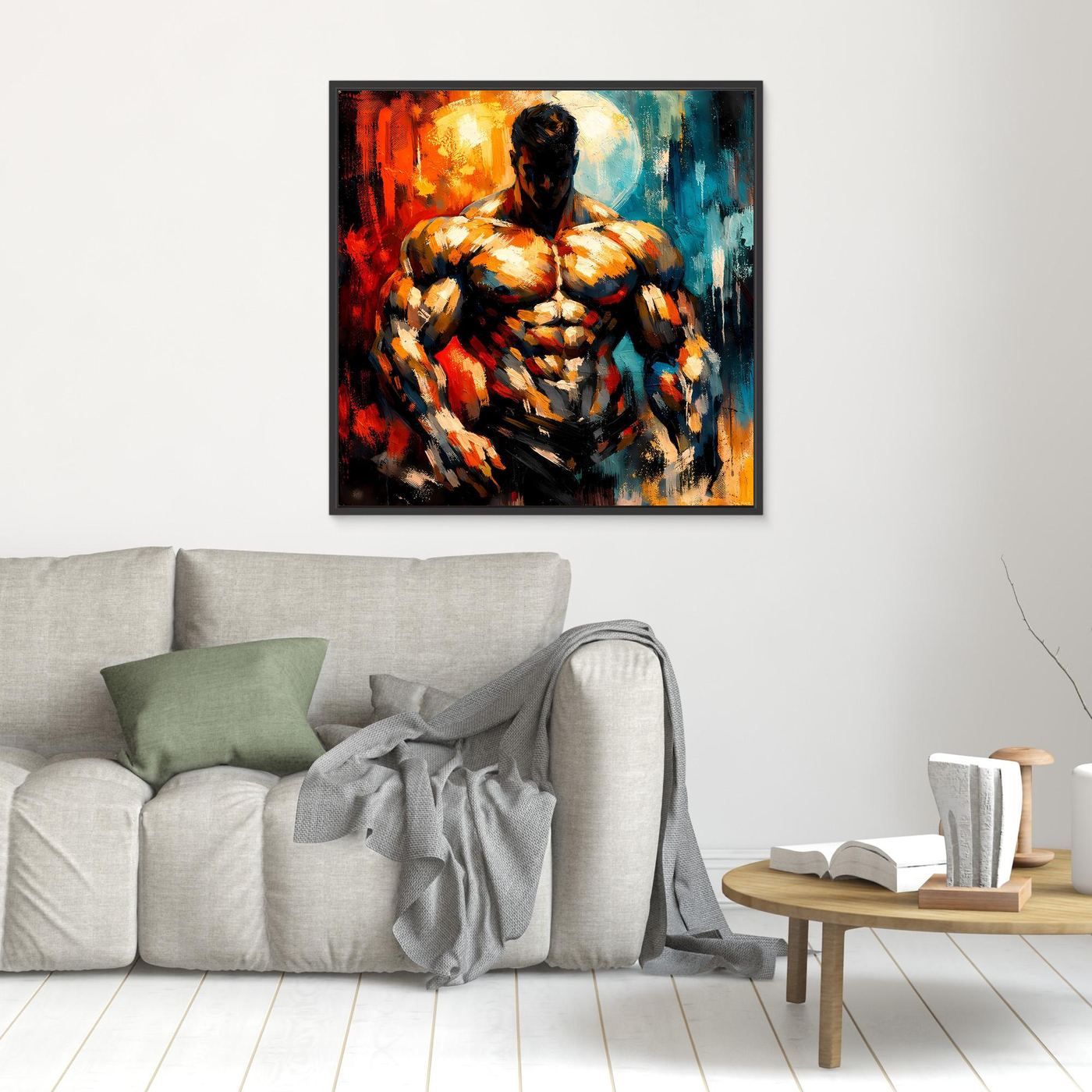 Kleines gerahmtes Leinwandbild mit abstraktem Bodybuilder, Rahmen in Schwarz