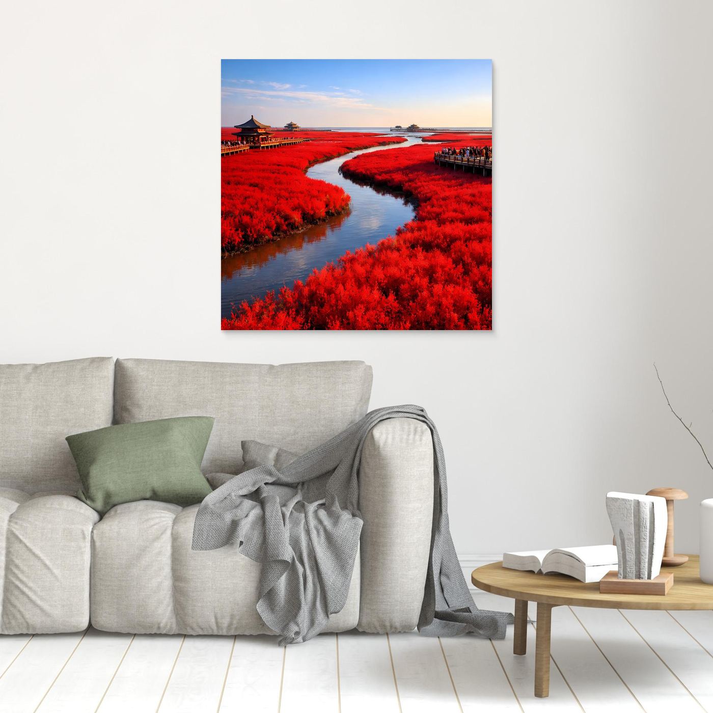 Leinwandbild mit Landschaftsmotiv: roter Pflanzenstreifen und Fluss, kleines Bild an der Wand