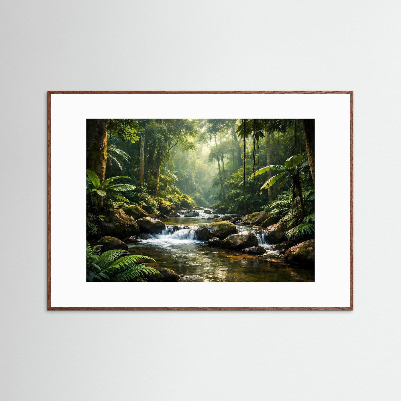Querformat-Dschungelposter mit Flusslauf, naturbrauner Rahmen mit weißem Passepartout