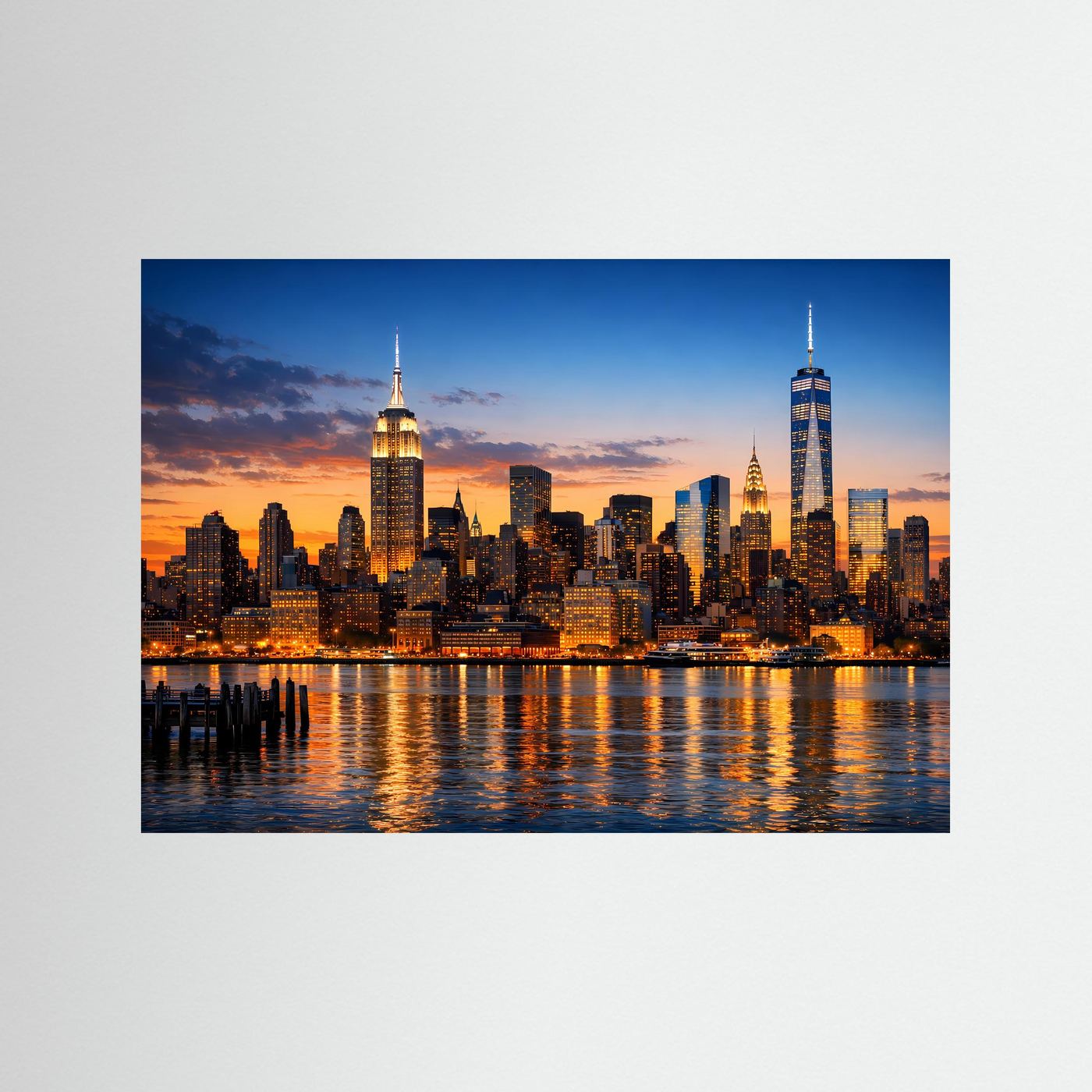 Wandposter Skyline von New York bei Sonnenuntergang, Querformat mit blauem Rand