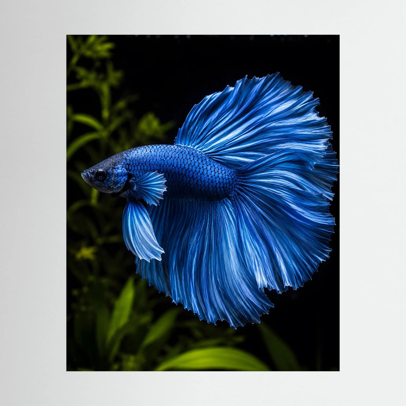 Wandposter: blauer Betta-Kampffisch im Profil, schwarzer Rahmen, Hochformat