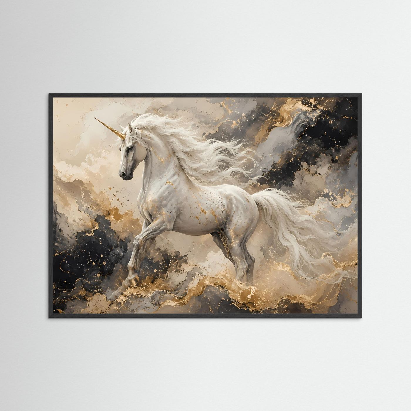Einhorn Wandbild Weiß Gold | Mystische Fantasy Wandkunst | Elegantes Abstraktes Leinwandbild | Magisches Unicorn Poster | Premium Fine Art