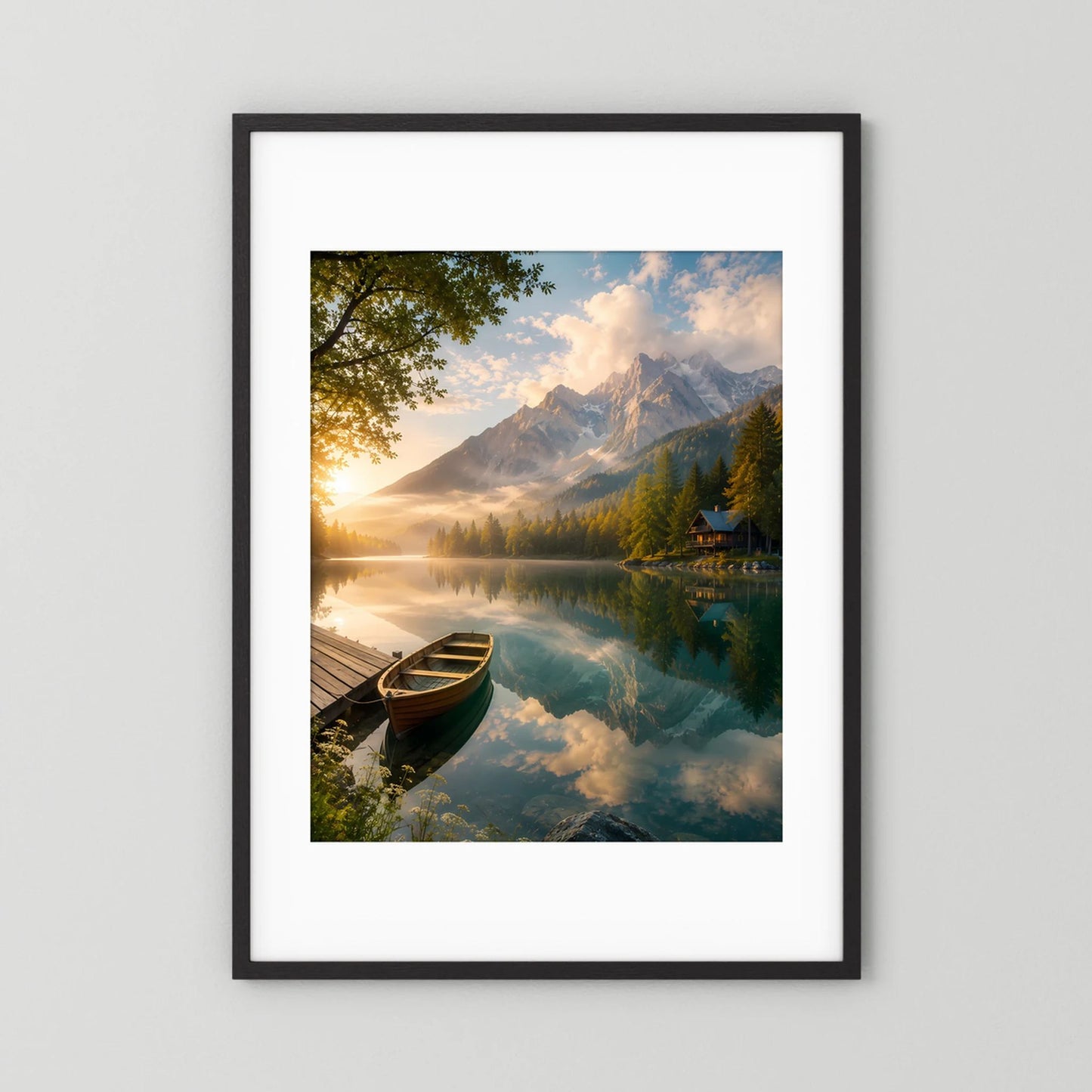 Kunstposter mit Bergsee und Holzboot im Sonnenlicht, schwarzer Rahmen