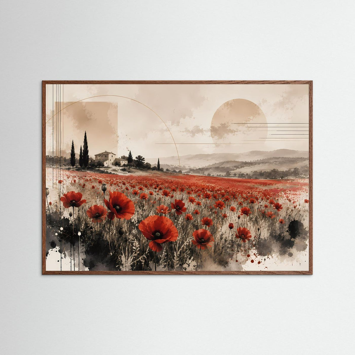 Querformat-Poster mit roten Mohnblumen im Feld, in dunkelbraunem Holzrahmen.