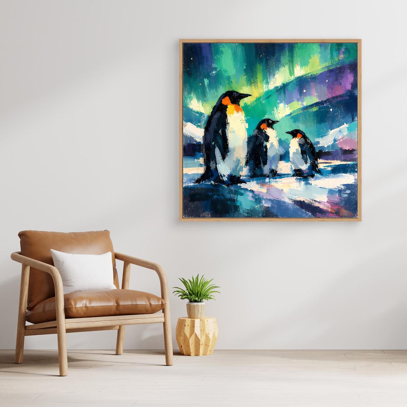 Leinwand Majestätische Pinguine unter Polarlichtern | Abstraktes Antarktis & Nordlicht Wandbild