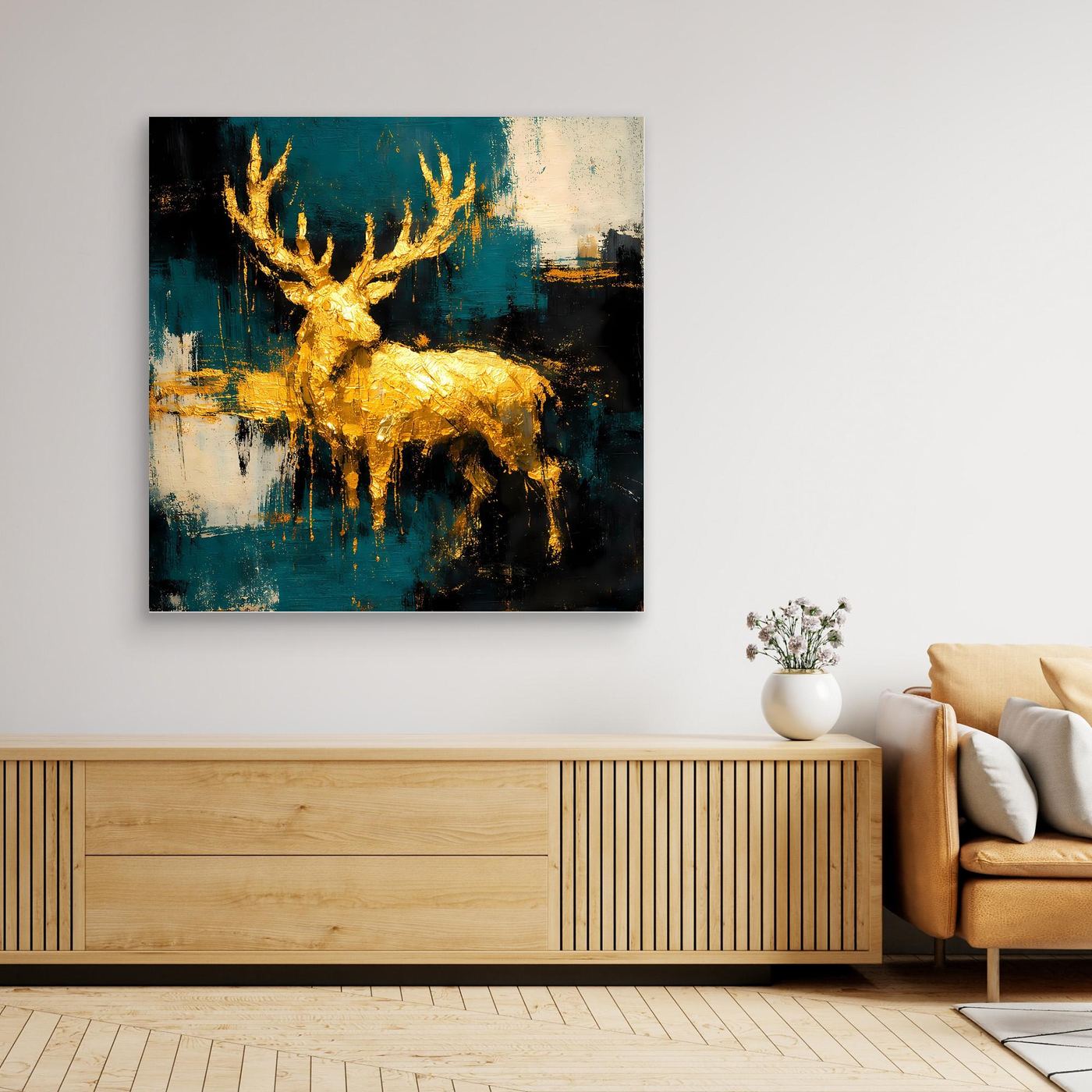 Leinwand Goldener Hirsch in abstrakter Landschaft | Modernes Edel-Tier Wandbild