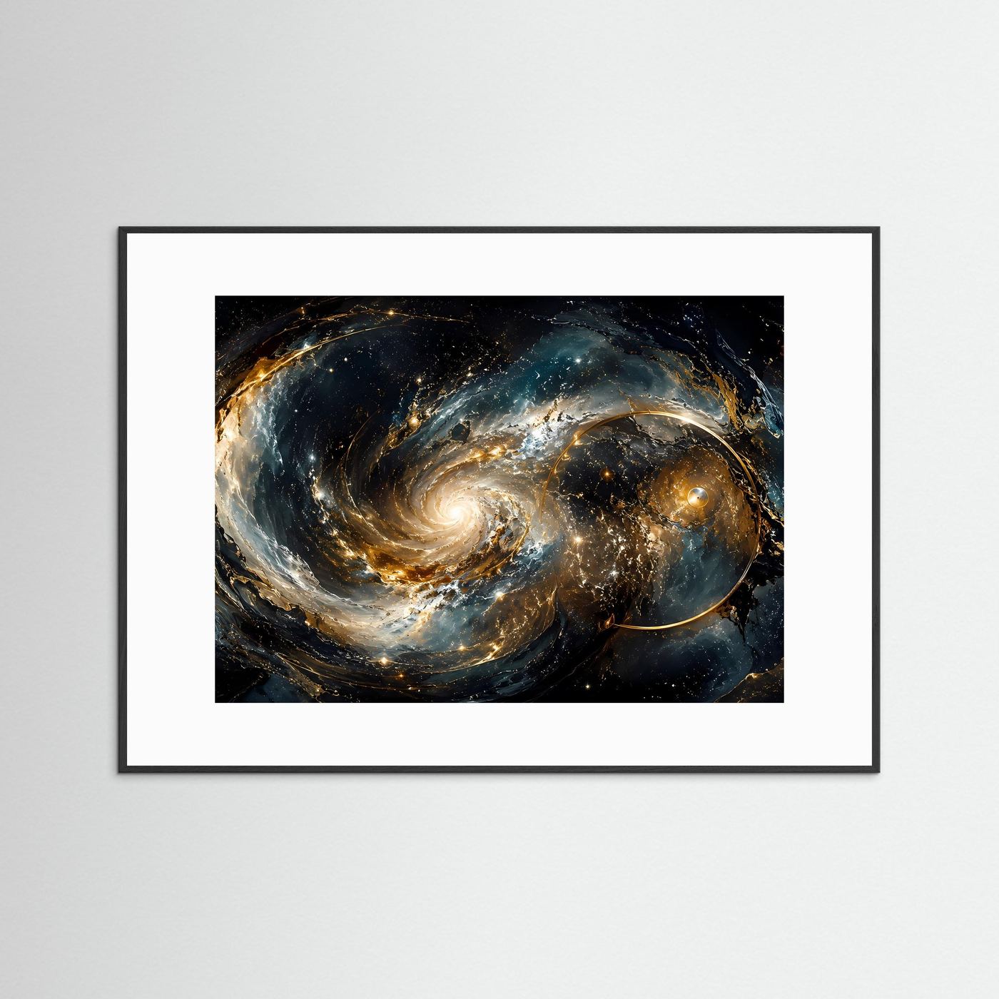 Faszinierender Galaxie-Wirbel mit Goldakzenten | Modernes Weltraum & Kunst Poster Querformat
