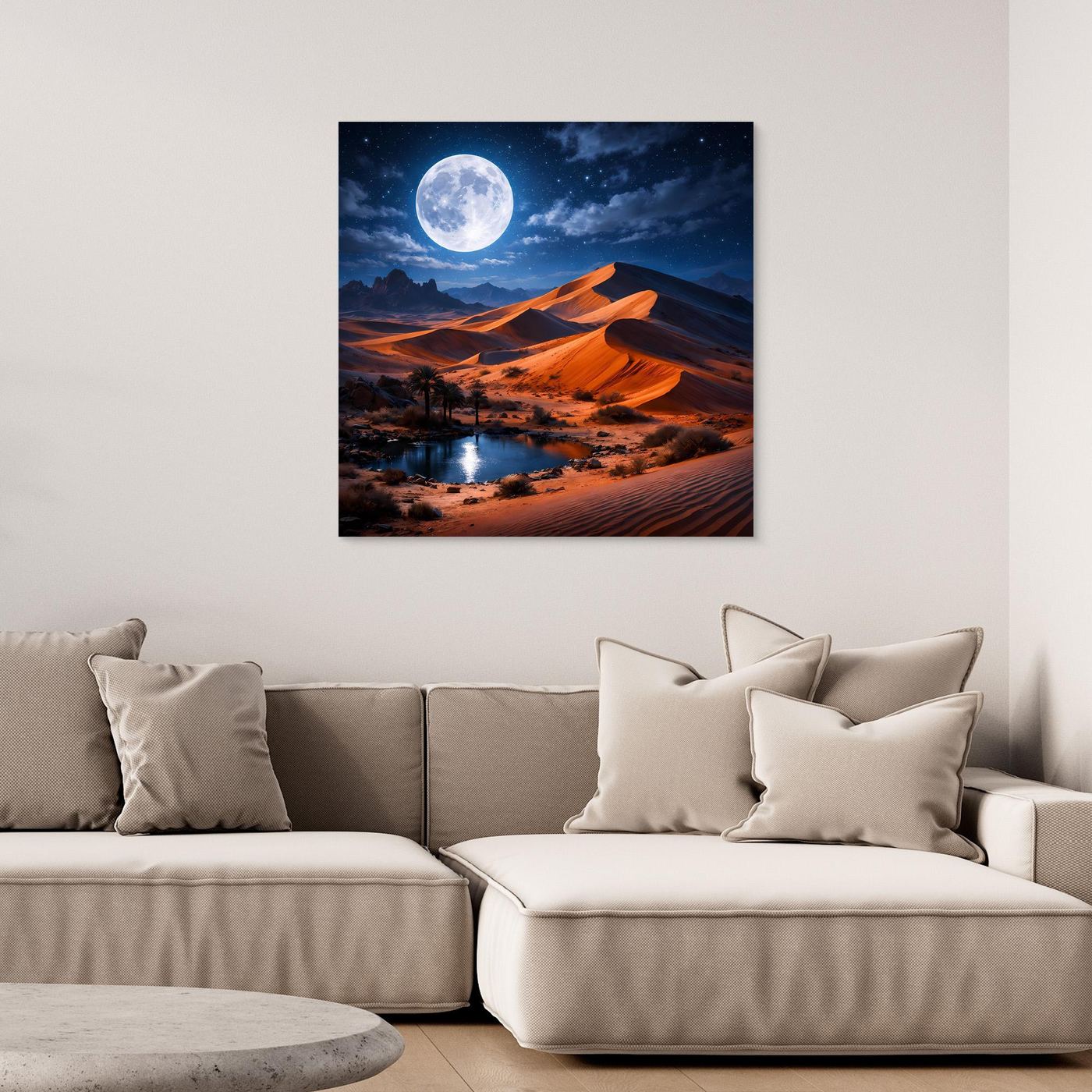 Leinwand-Wandbild mit schwarzem Rahmen: Oase in der Wüste bei Mondschein