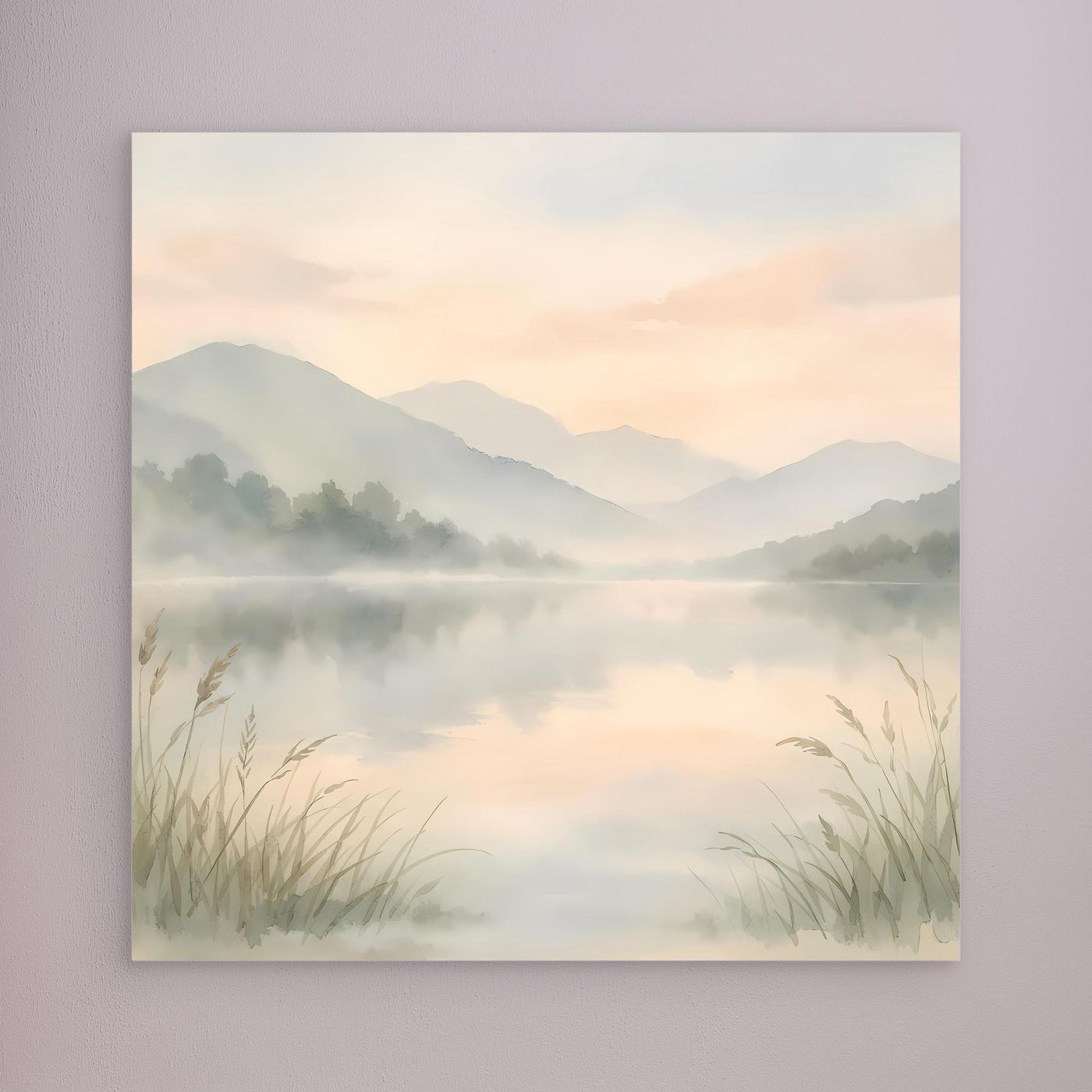 Leinwandbild: nebliger Bergsee in Pastelltönen mit Schilf