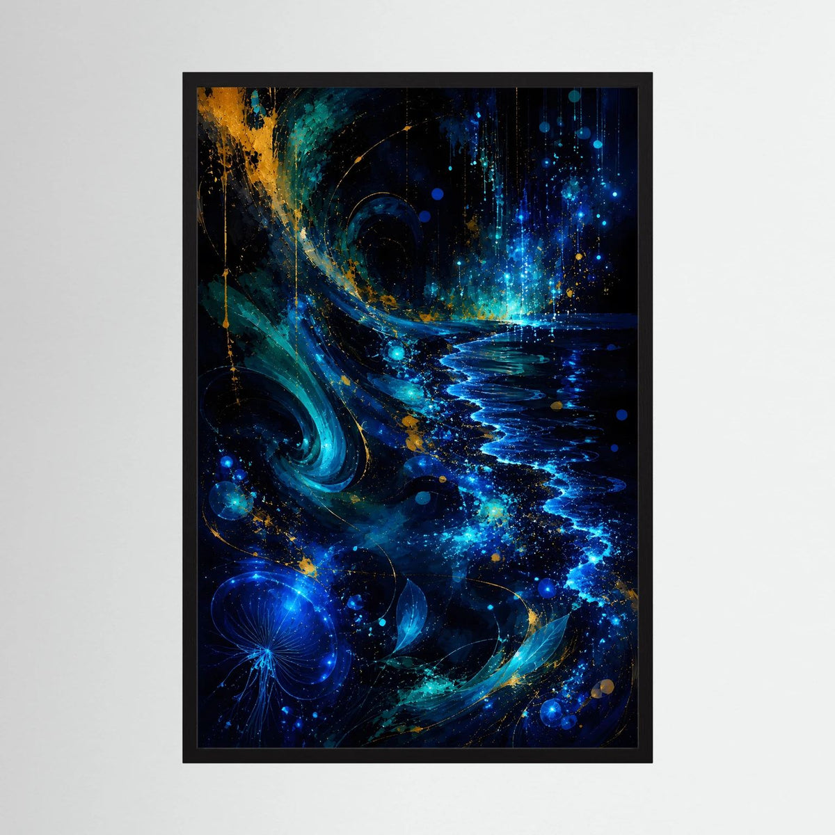 Hochformat-Poster mit abstrakten Wellen in Blau und Gold, schwarzer Rahmen.