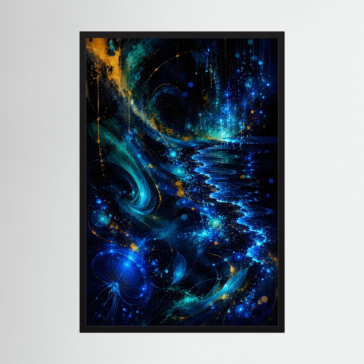 Hochformat-Poster mit abstrakten Wellen in Blau und Gold, schwarzer Rahmen.