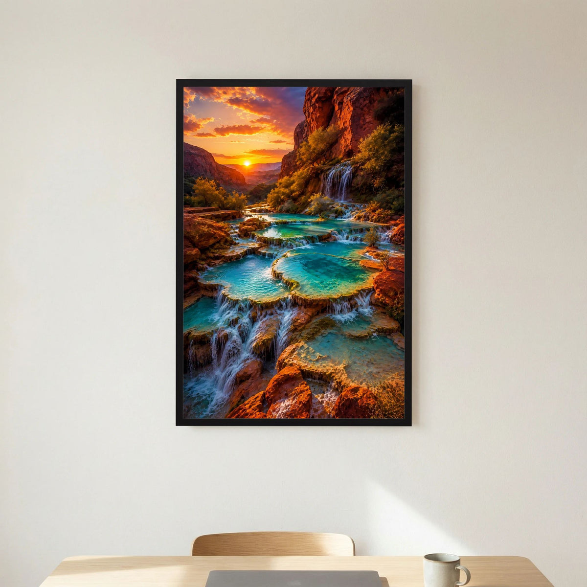 Hochformat-Poster mit schwarzem Rahmen und türkisfarbenen Naturpools im Canyon am Abendhimmel