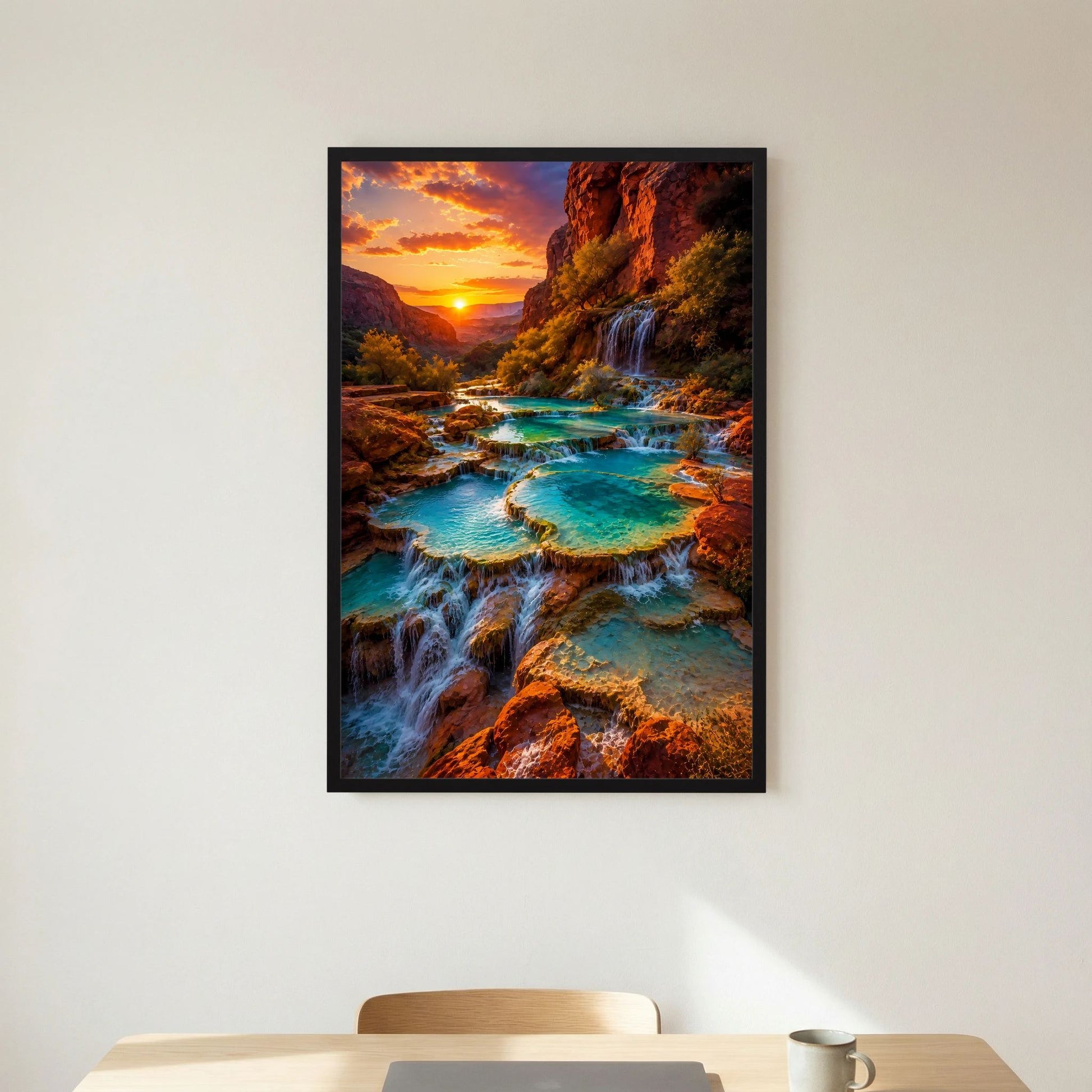 Hochformat-Poster mit schwarzem Rahmen und türkisfarbenen Naturpools im Canyon am Abendhimmel