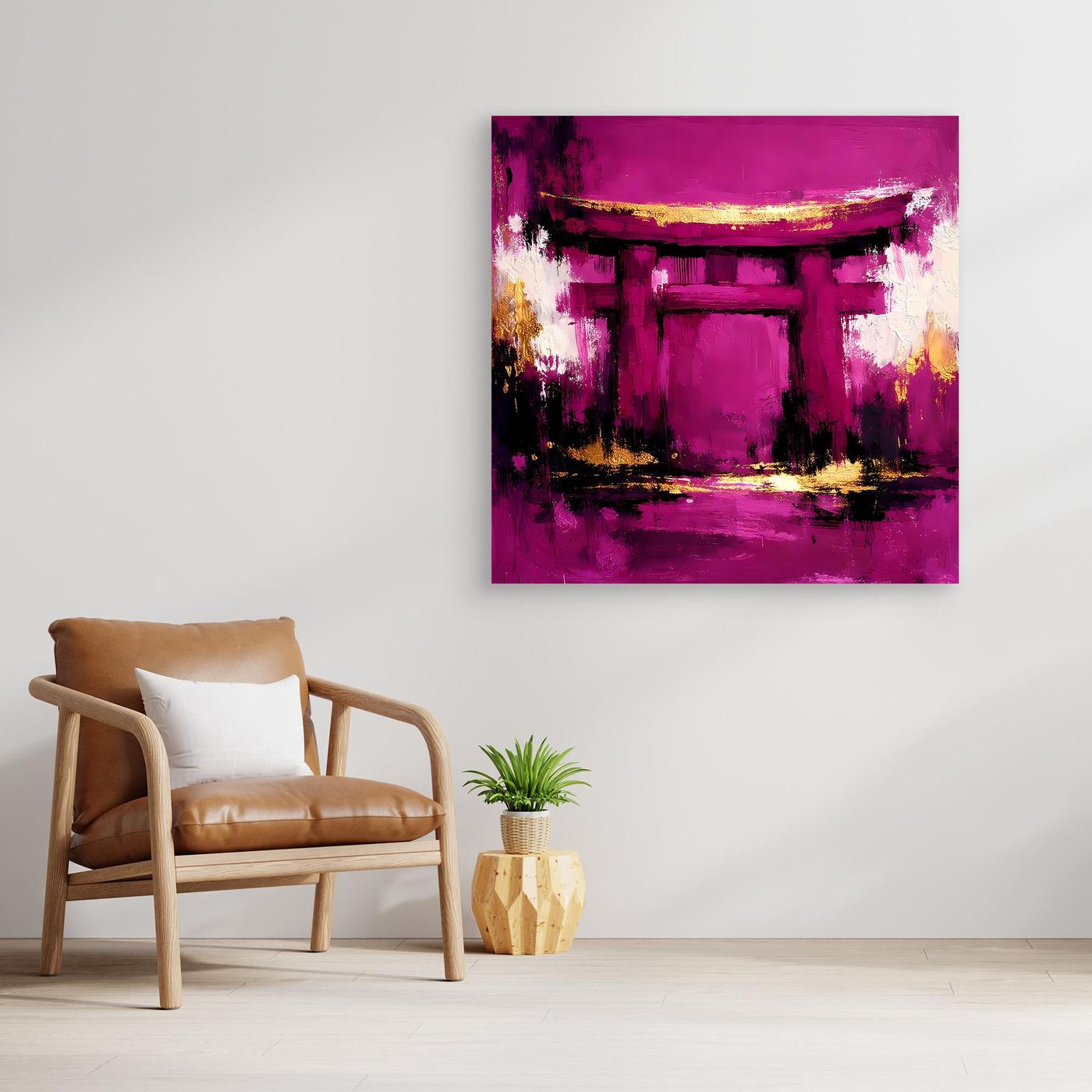 Leinwand Mystisches Torii-Tor in Magenta | Abstraktes Japan Wandbild Moderne Kunst