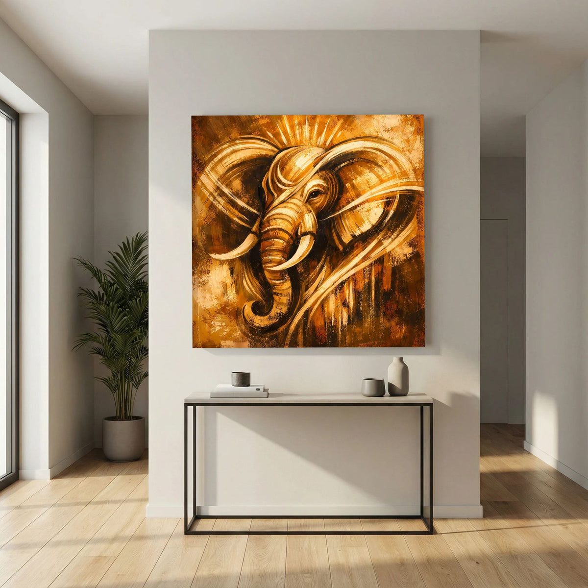 Abstraktes Leinwand-Wandbild mit goldfarbenem Elefantenmotiv in warmem Farbverlauf