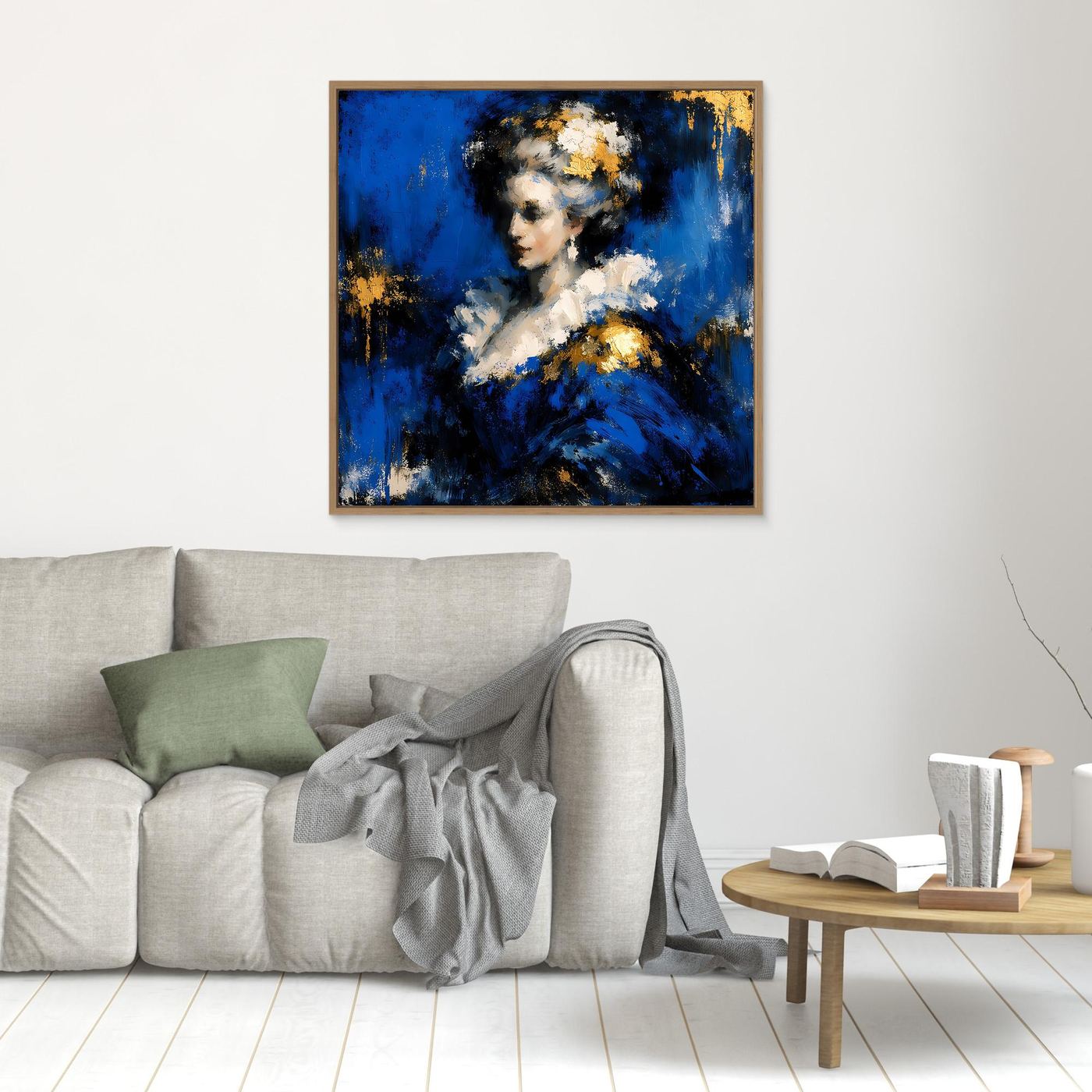 Leinwand Elegante Barock-Dame in Blau und Gold | Abstraktes Porträt Wandbild