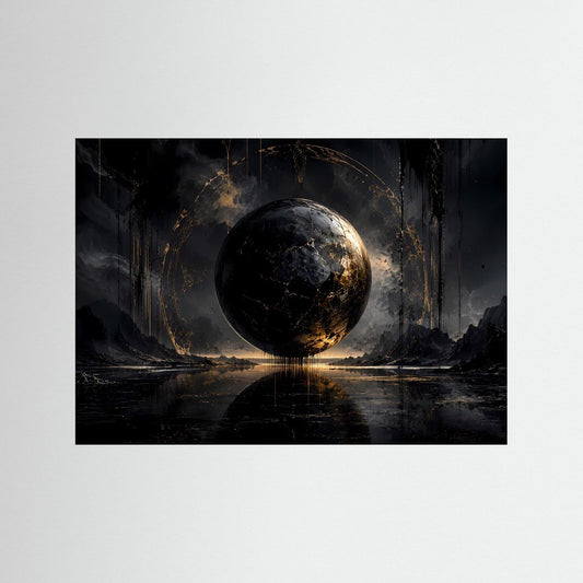 Modernes Wandbild mit schwarzer Gold-Sphäre und dunkler Landschaft, Querformat, ohne sichtbaren Rahmen