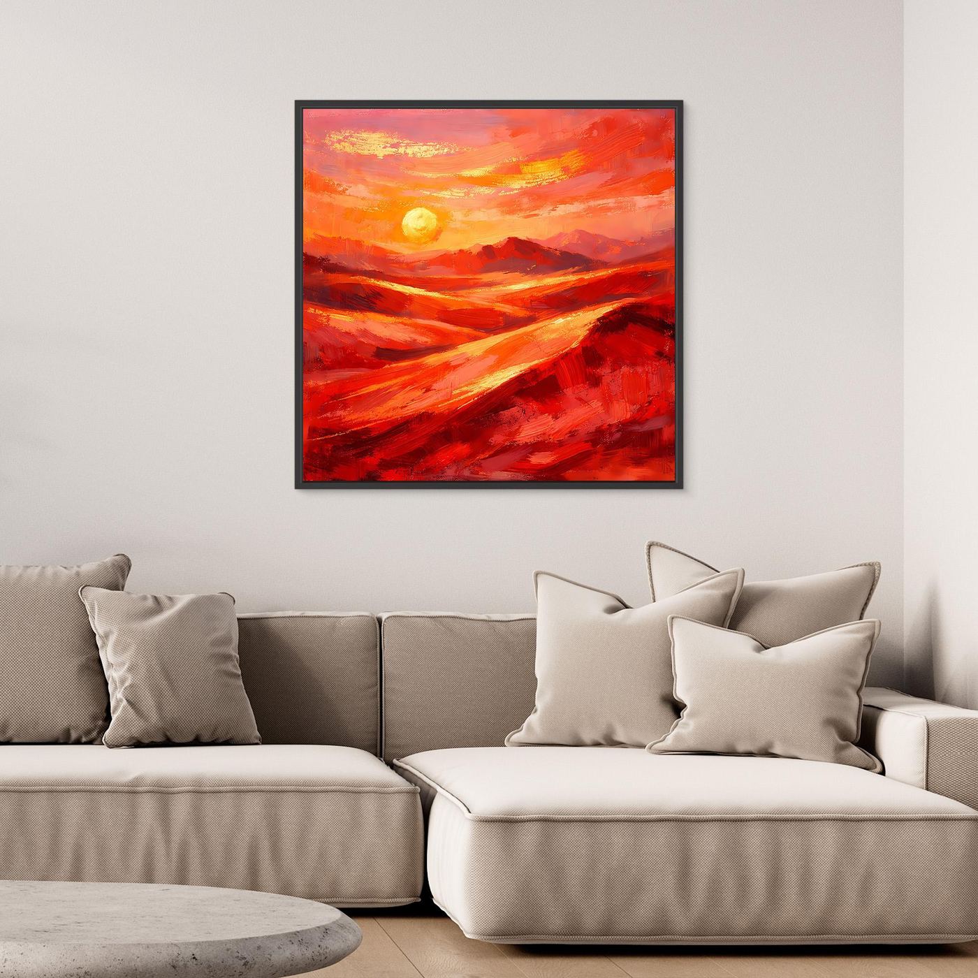 Abstraktes Leinwandbild in Rot-Orange mit Sonnenkreis, gerahmt mit dunklem Rand