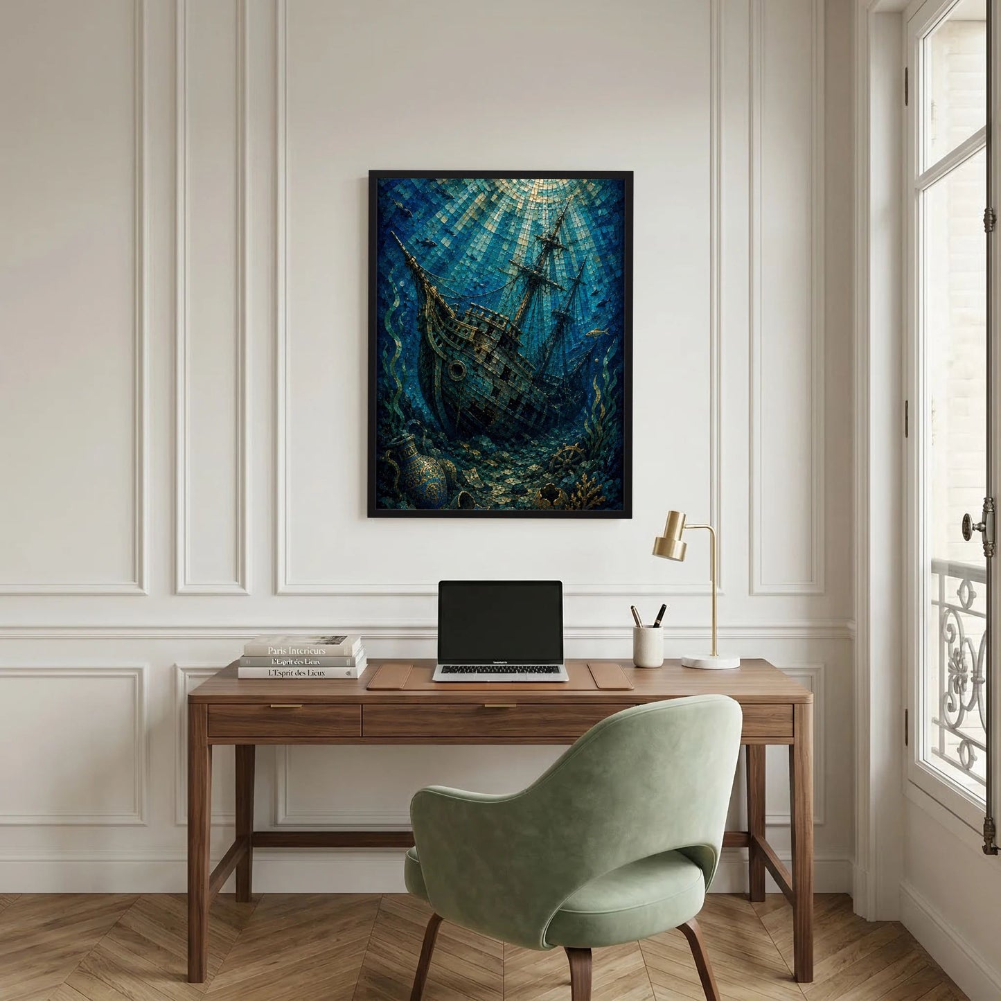 Hochformat-Poster mit versunkenem Segelschiff-Mosaik, blau, goldene Akzente