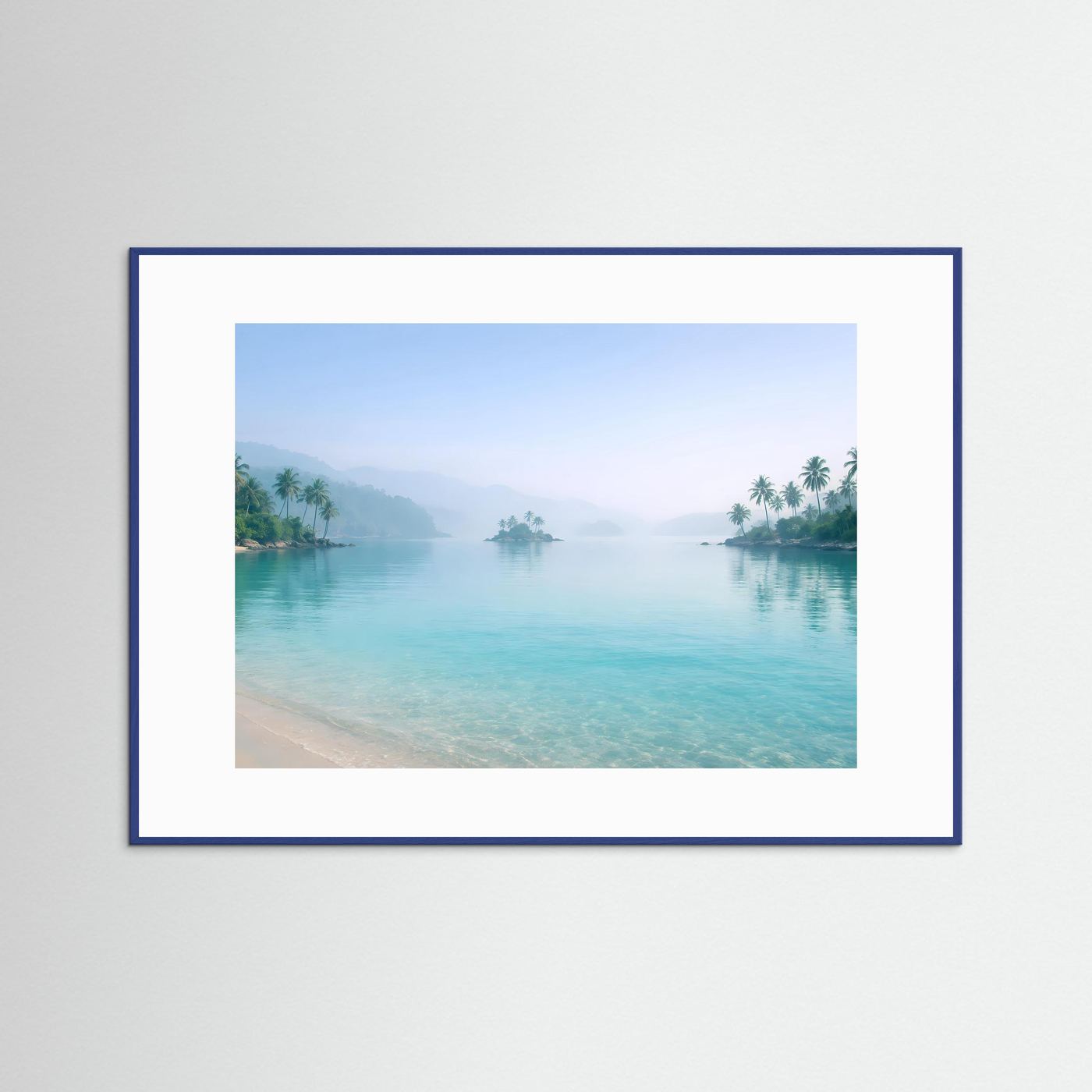 Tropisches Inselparadies im Nebel | Strand & Palmen Wandbild Querformat