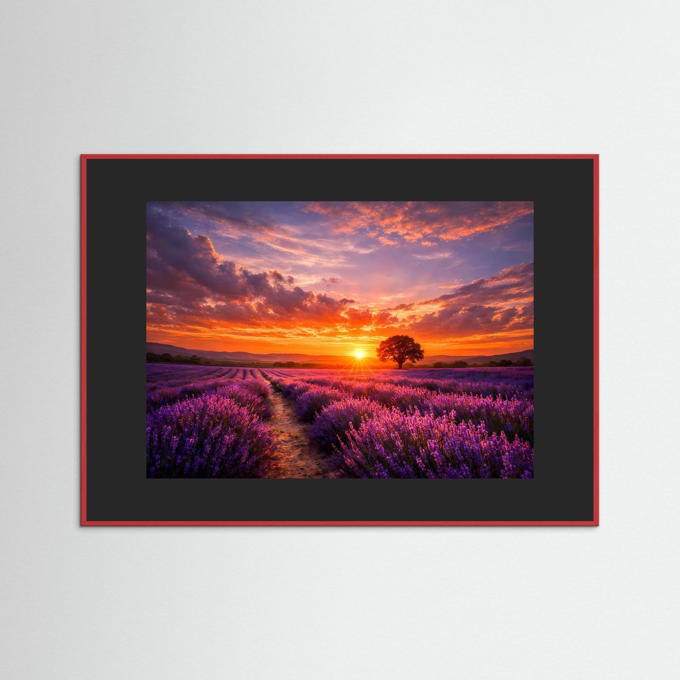 Wandbild Lavendelfeld bei Sonnenuntergang, roter Holzrahmen, schwarzes Passepartout