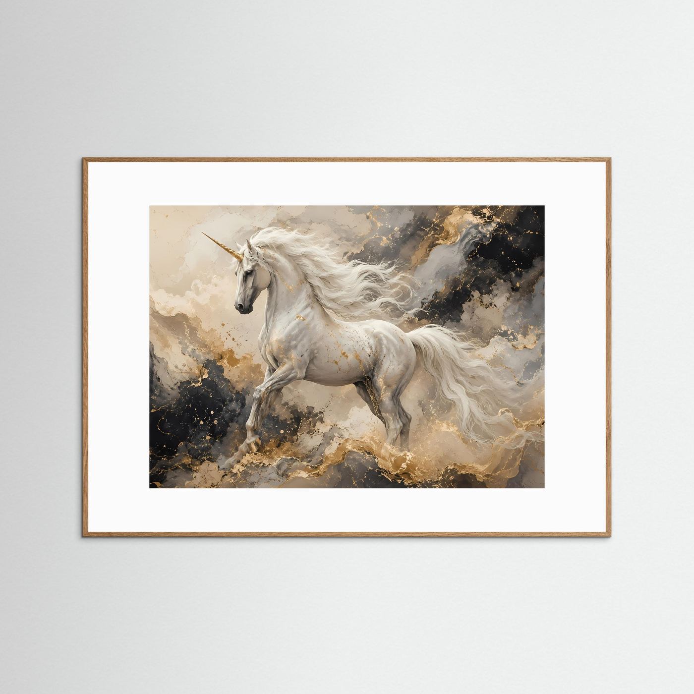 Einhorn Wandbild Weiß Gold | Mystische Fantasy Wandkunst | Elegantes Abstraktes Leinwandbild | Magisches Unicorn Poster | Premium Fine Art