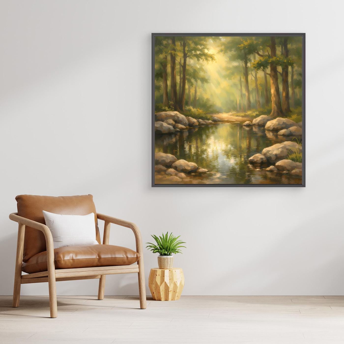 Gerahmtes Leinwandbild mit Bach im Wald im Sonnenlicht, Felssteine am Ufer, schwarzer Rahmen.