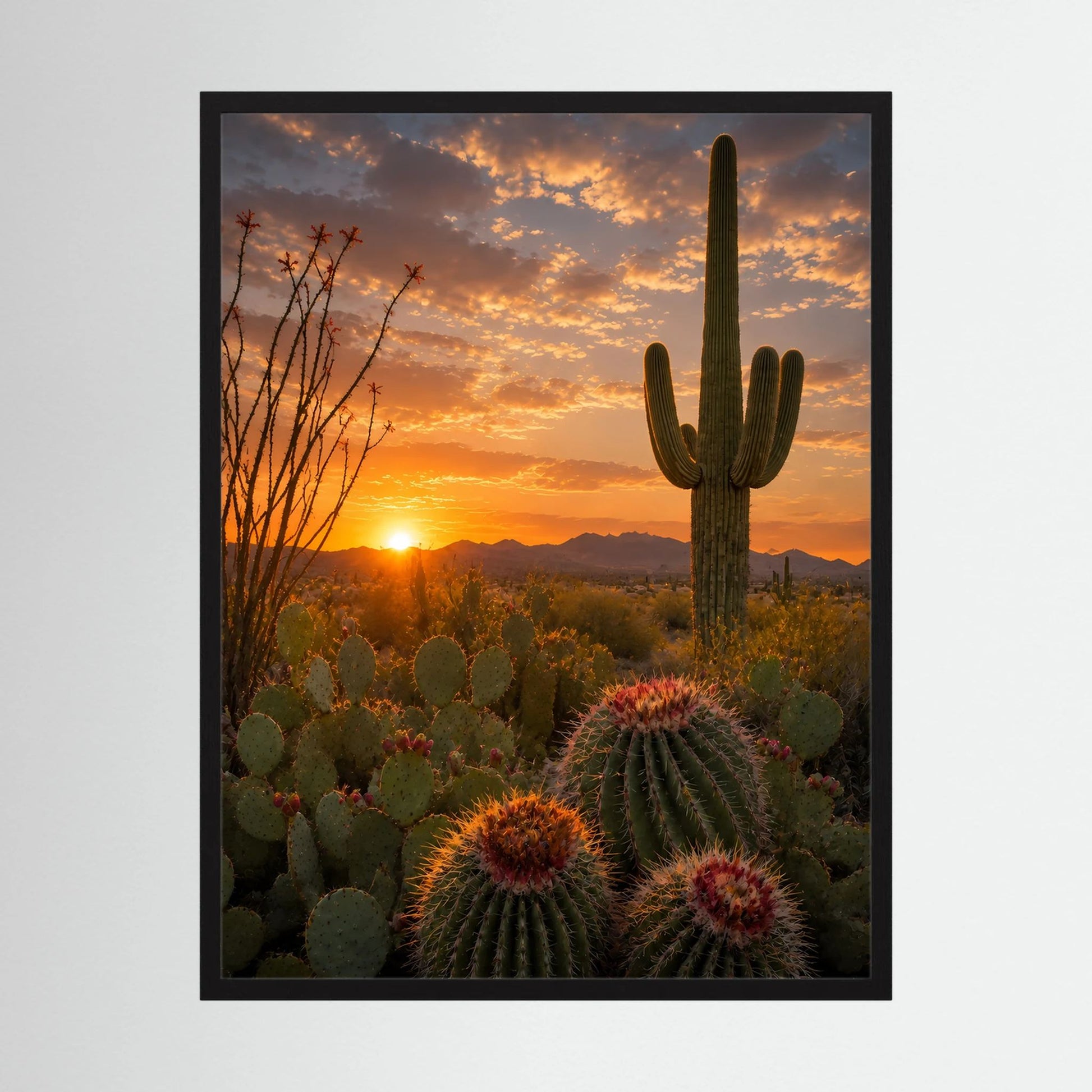 Gerahmtes Poster im Hochformat mit Kakteenlandschaft und Sonnenuntergang am Wüstenhimmel
